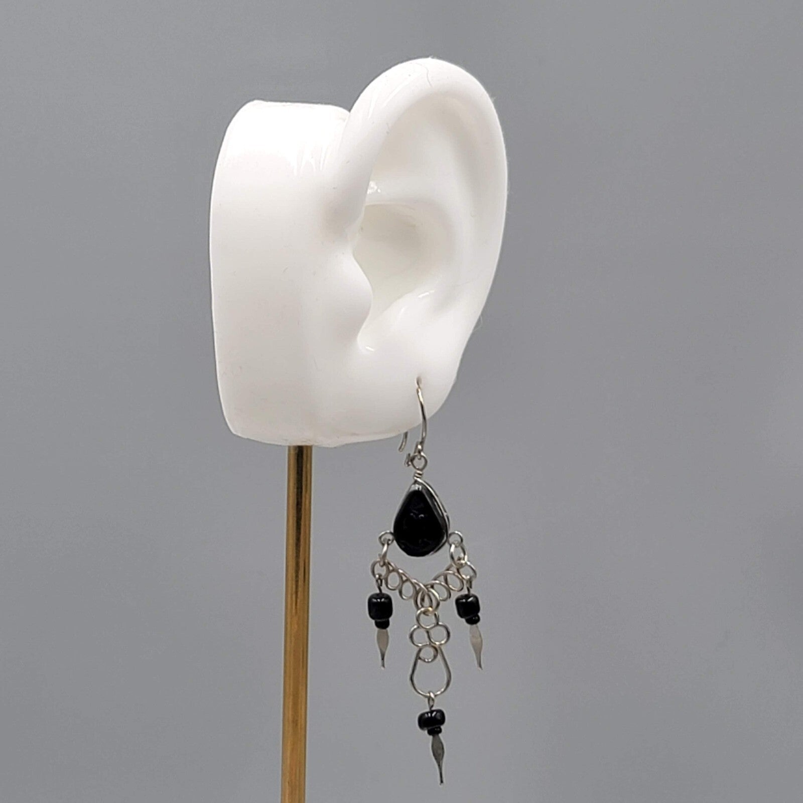 Vintage Black Glass Wire Wrap Pierced Earrings Silver tone Dangle 2"