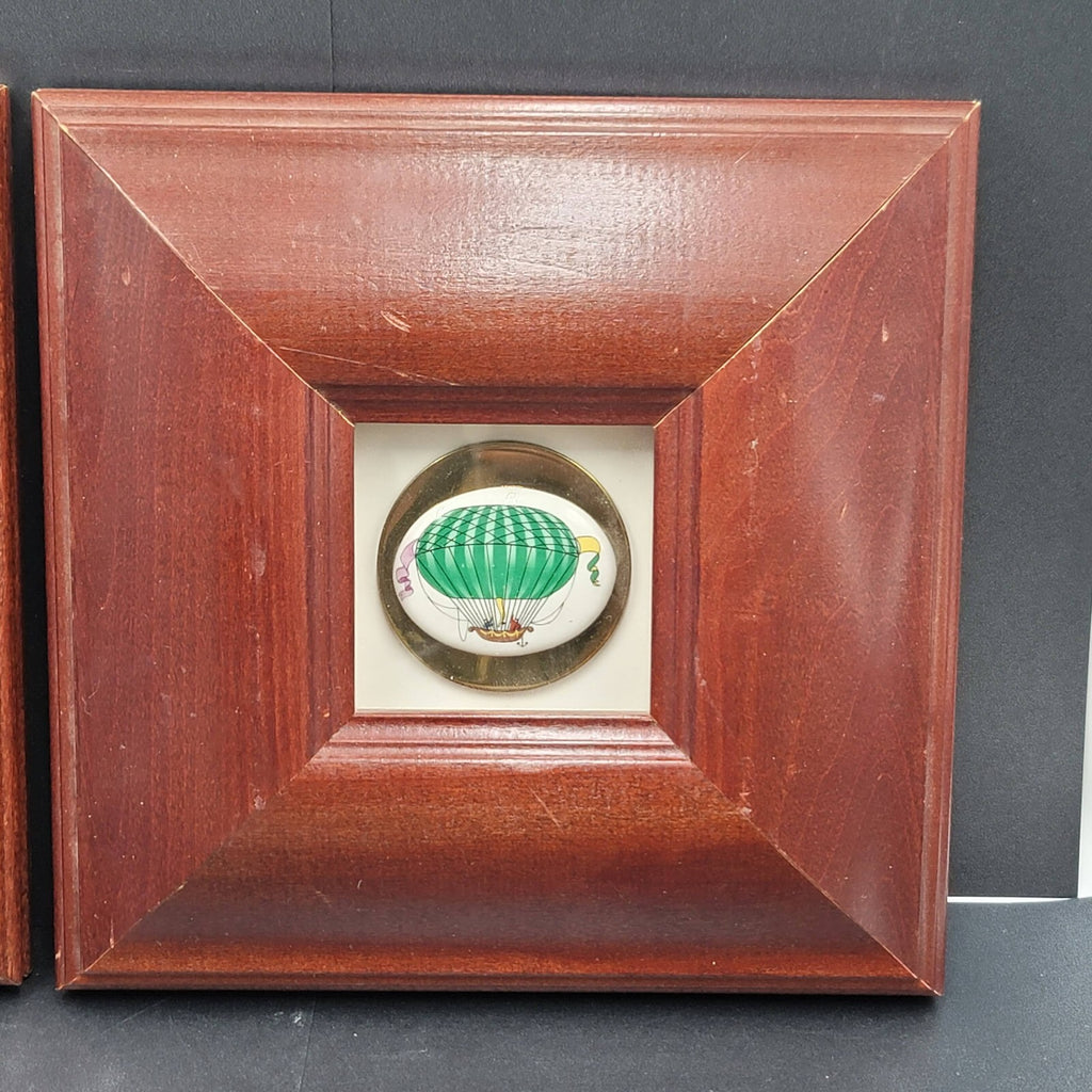 Framed Hot Air Balloons Painted Ceramic Set of 2 Unique