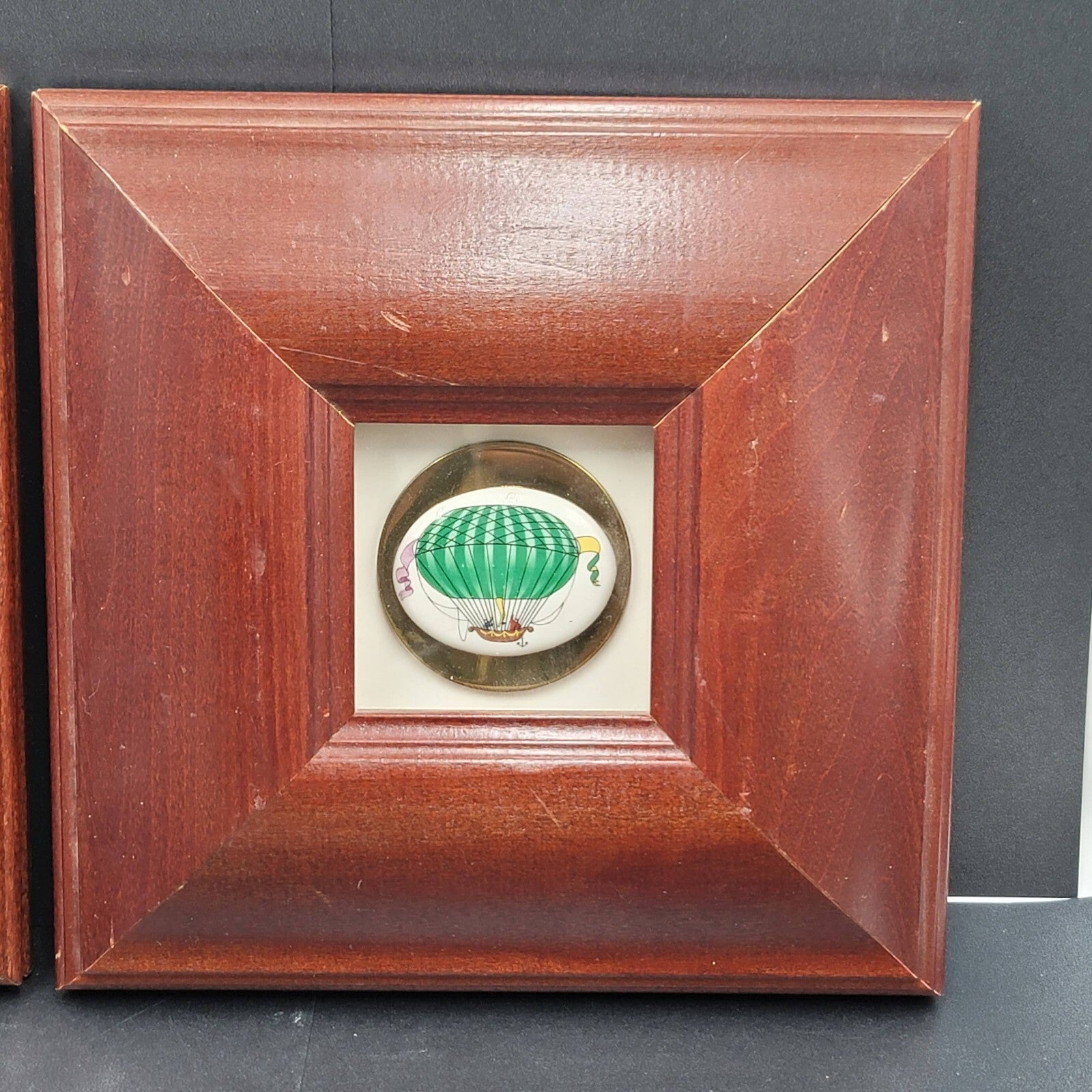 Framed Hot Air Balloons Painted Ceramic Set of 2 Unique