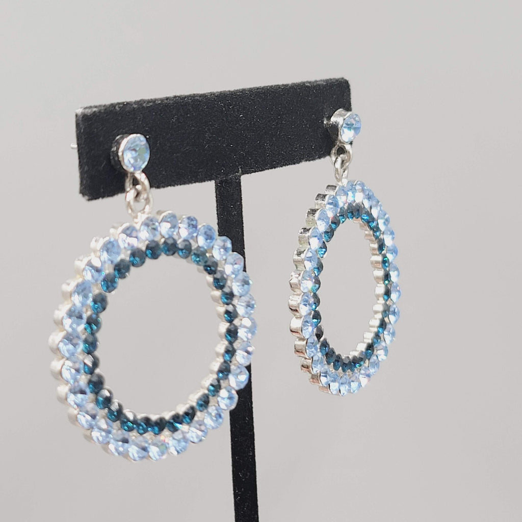 Blue Rhinestone Pierced Earrings Silver tone Open Circle Dangle 1 5/8"