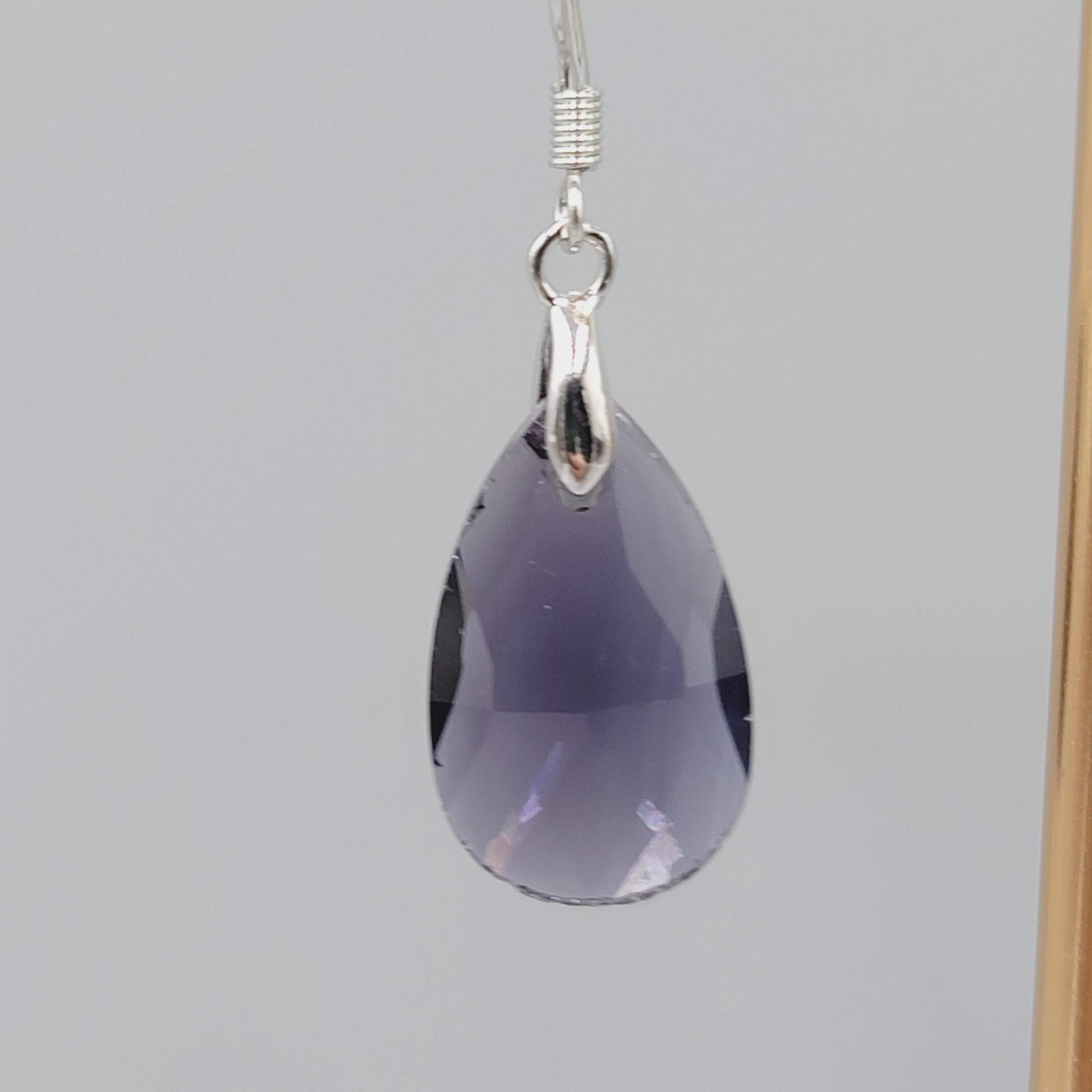 Purple Glass Teardrop Bead Pierced Earrings Silver tone Dangle 1"