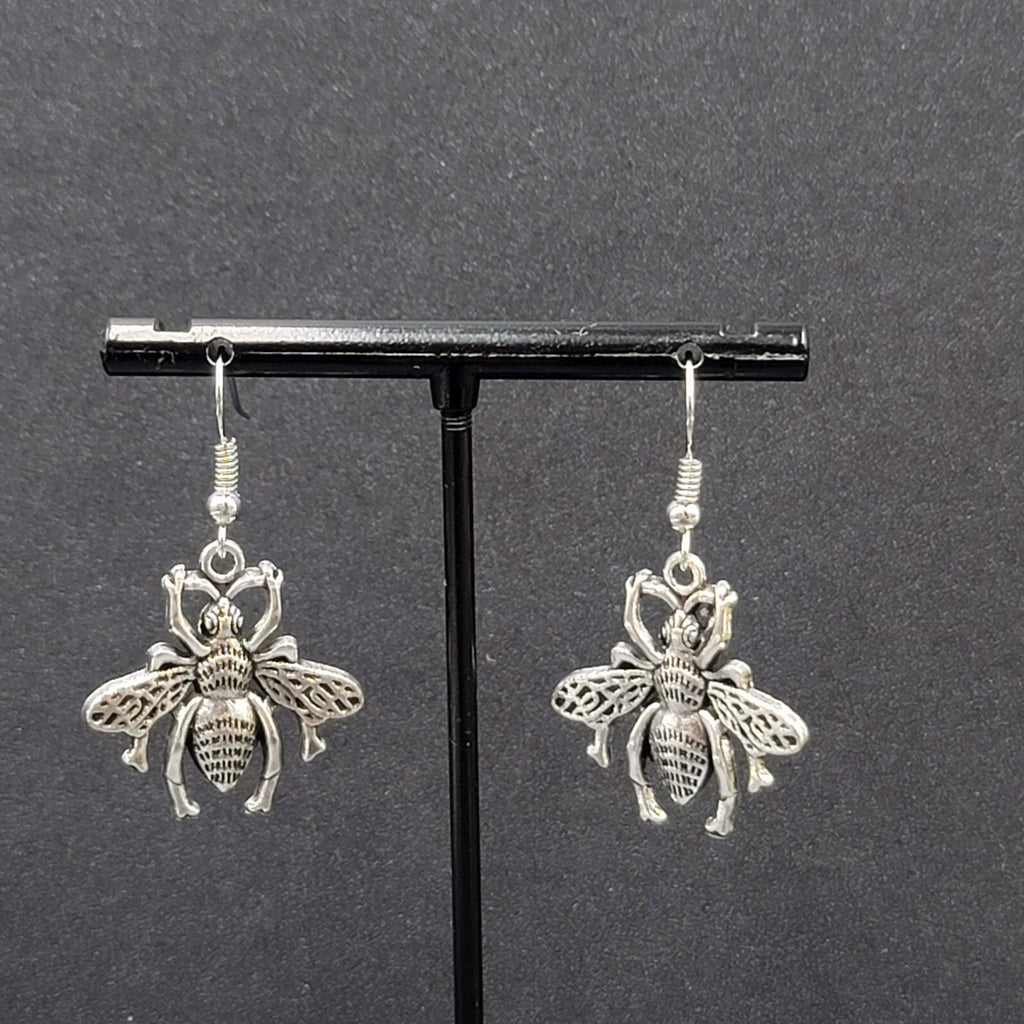 Bee Flying Insect Pierced Earrings Silver tone Dangle 1"