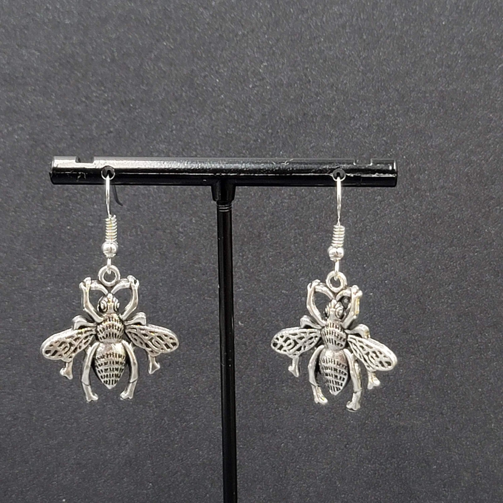 Bee Flying Insect Pierced Earrings Silver tone Dangle 1"