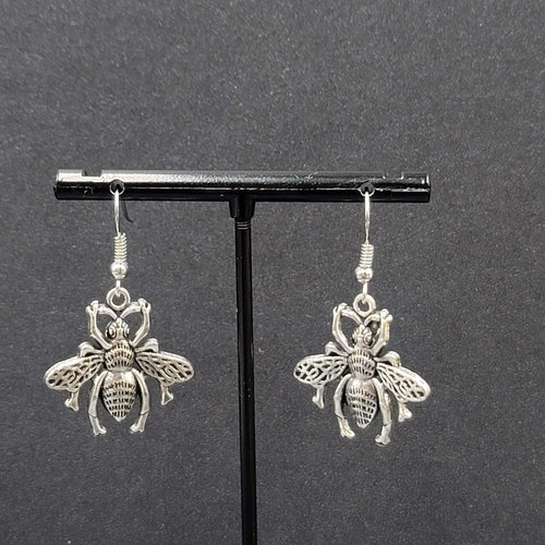 Bee Flying Insect Pierced Earrings Silver tone Dangle 1"