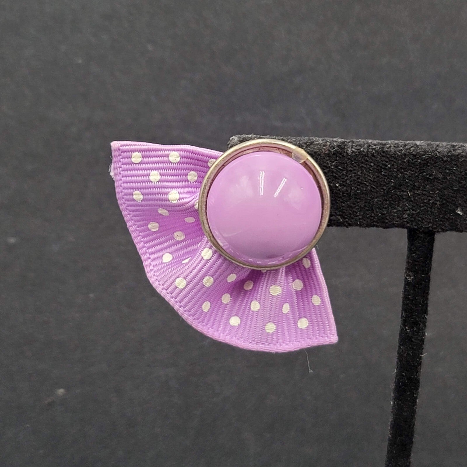 Vintage Pierced Earrings Purple Cabochon Polka Dot Grosgrain Ribbon 1 7/8"