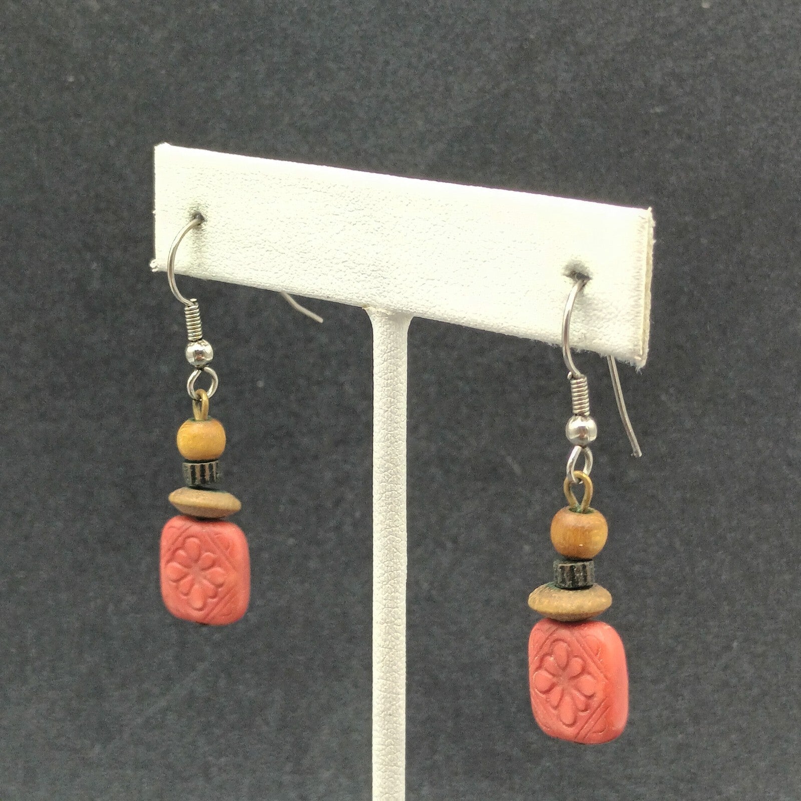 Pierced Earrings Silver tone Hook Red Plastic Flower Wood Bead Dangle 1"