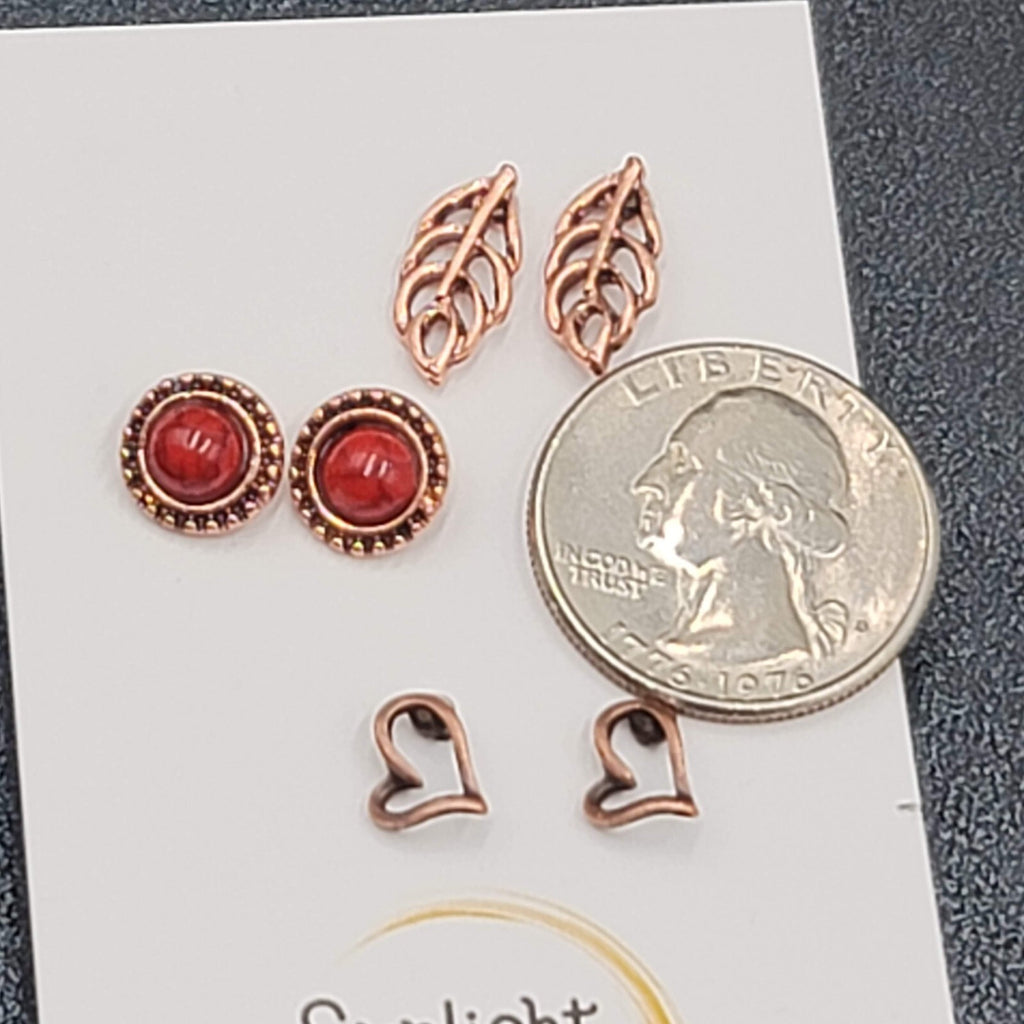 Pierced Earrings Copper tone Studs Open Heart Leaf Red Accent