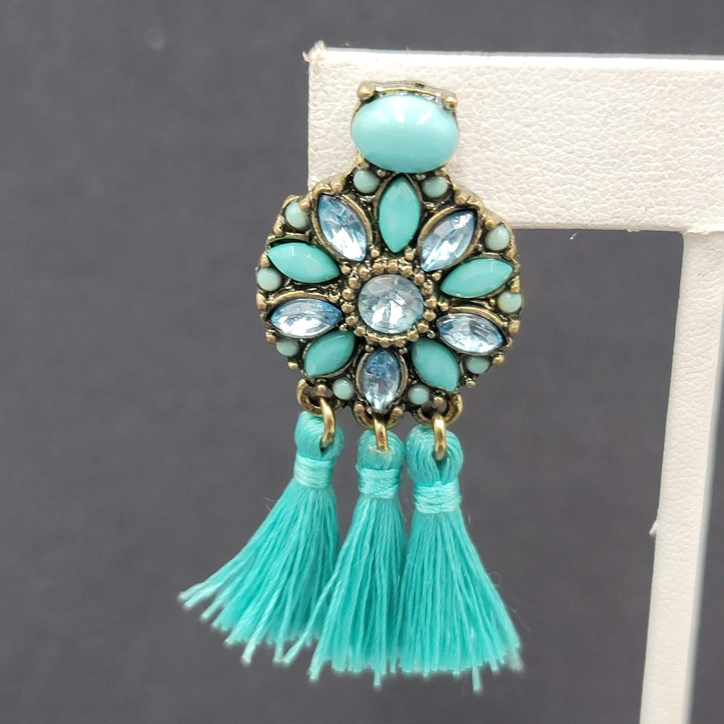 Pierced Earrings Gold tone Blue Rhinestone Tassel 2"