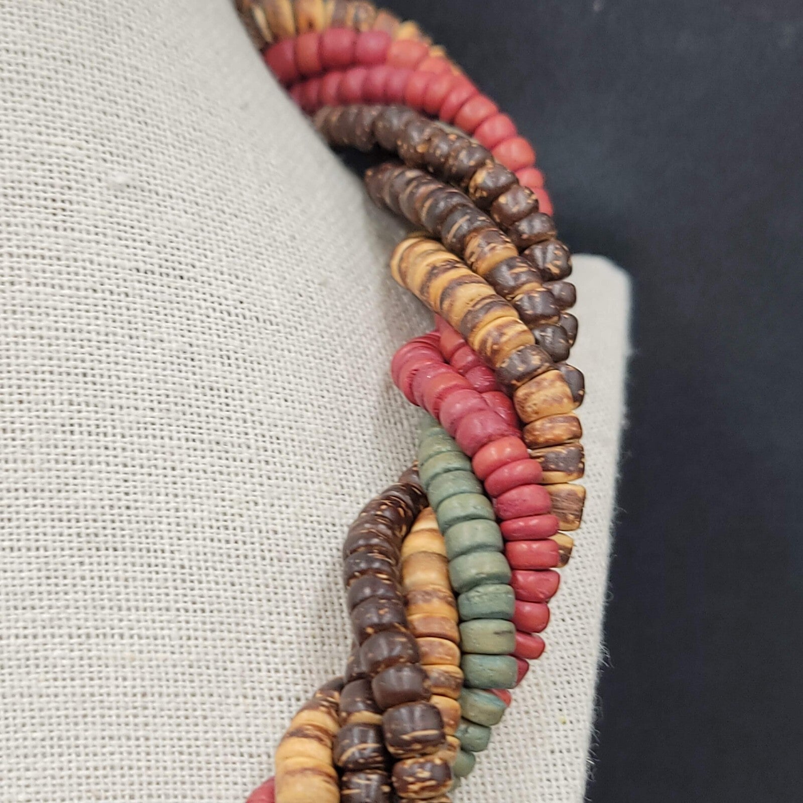 Vintage Coir Coconut Beads Necklace Multicolor Twist Statement 18"-20"