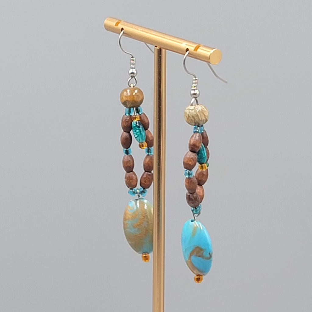 Blue Stone Wood Bead Pierced Earrings Artisan Dangle 2.5"