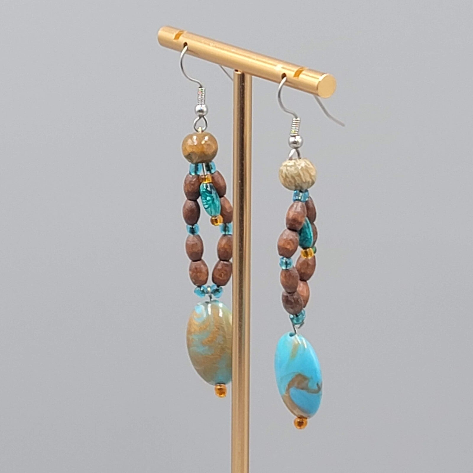 Blue Stone Wood Bead Pierced Earrings Artisan Dangle 2.5"