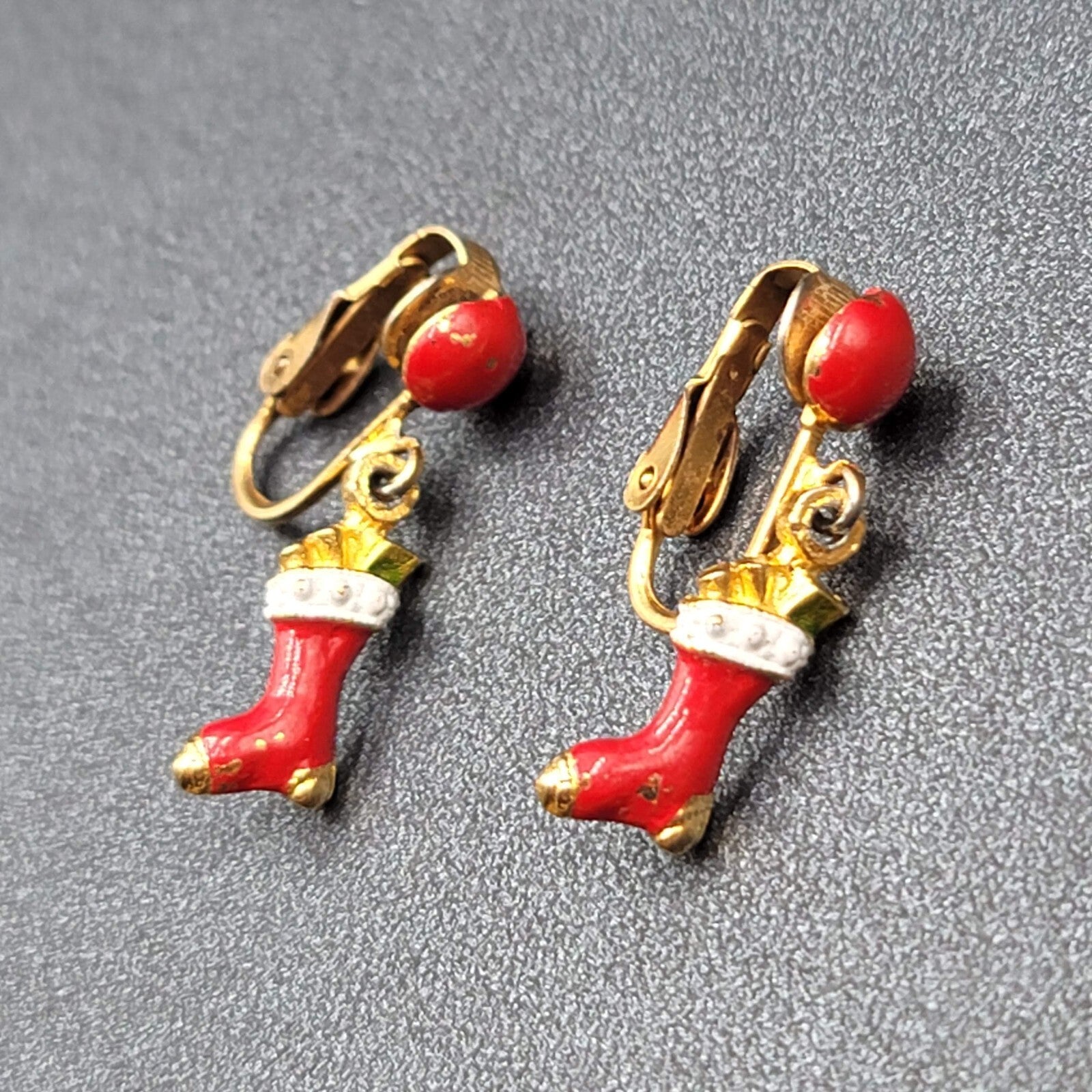 Vintage Christmas Clip on Earrings Gold tone Enamel Stocking Dangle 1"
