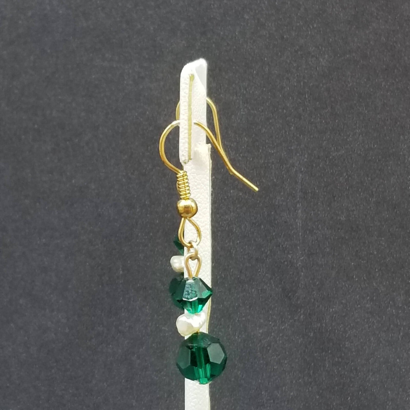 Pierced Earrings Gold tone Green Faceted Crystal Beaded Dangle  3/4"