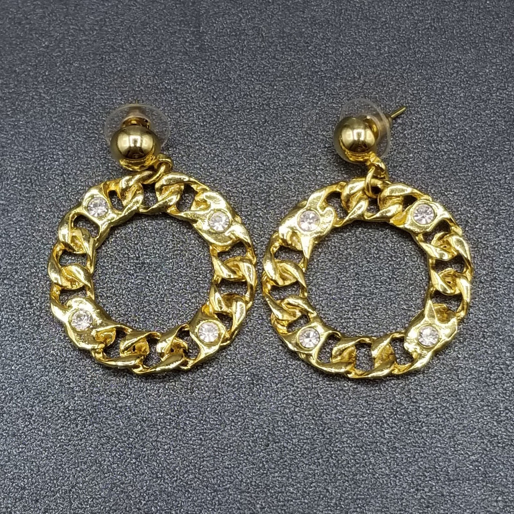 Pierced Earrings Gold tone Crystal Chain Link Open Ring Statement Dangle 1 3/4"