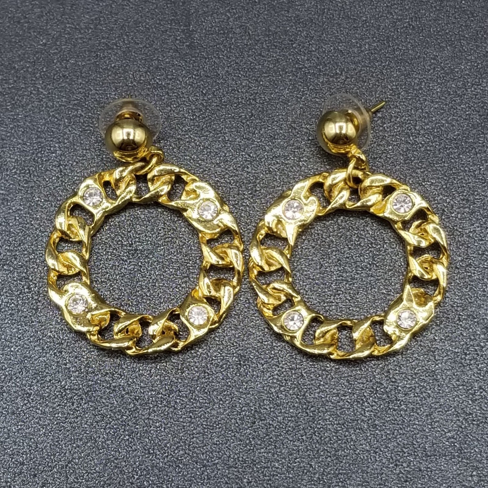 Pierced Earrings Gold tone Crystal Chain Link Open Ring Statement Dangle 1 3/4"