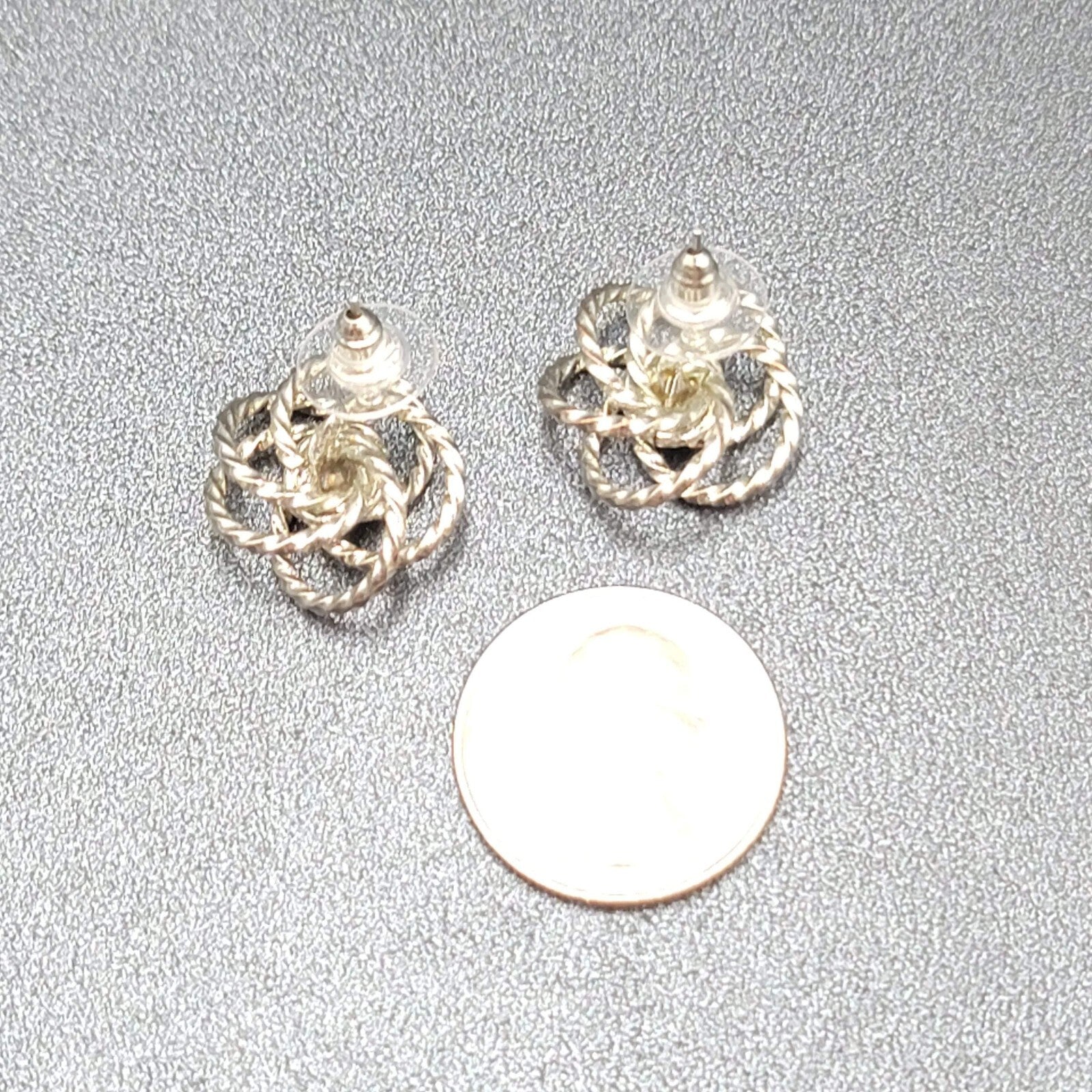 Vintage Pierced Earrings Silver tone Wire Knot Studs Rhinestone Center 3/4"