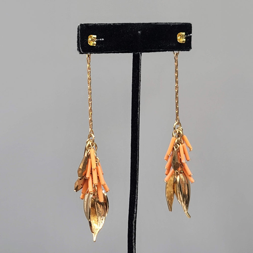 Vintage Pierced Earrings Gold tone Leaf Charms Peach Beads LONG 3.75"
