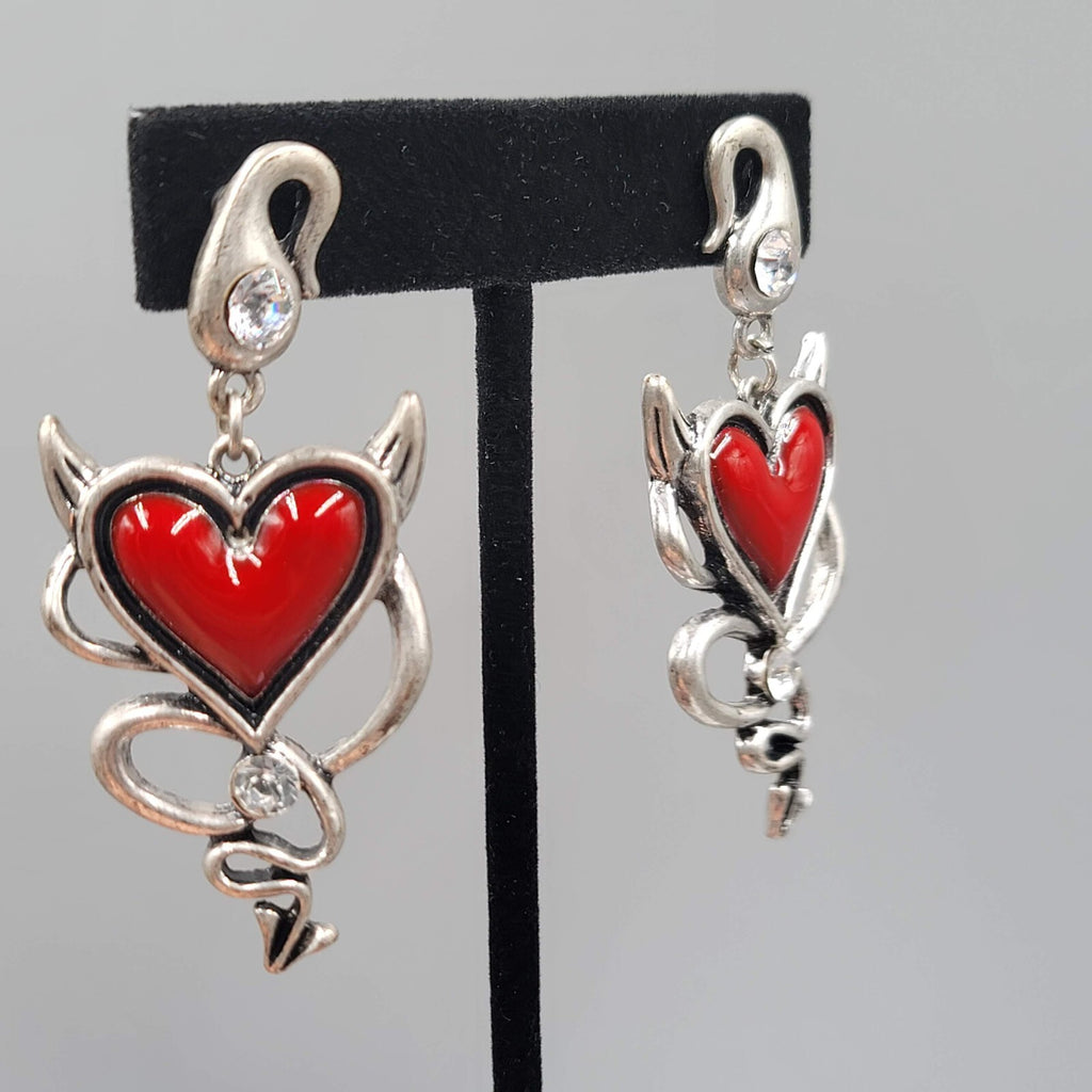 Devil Heart Pierced Earrings Red Enamel Crystal Silver tone Dangle 2 3/8"