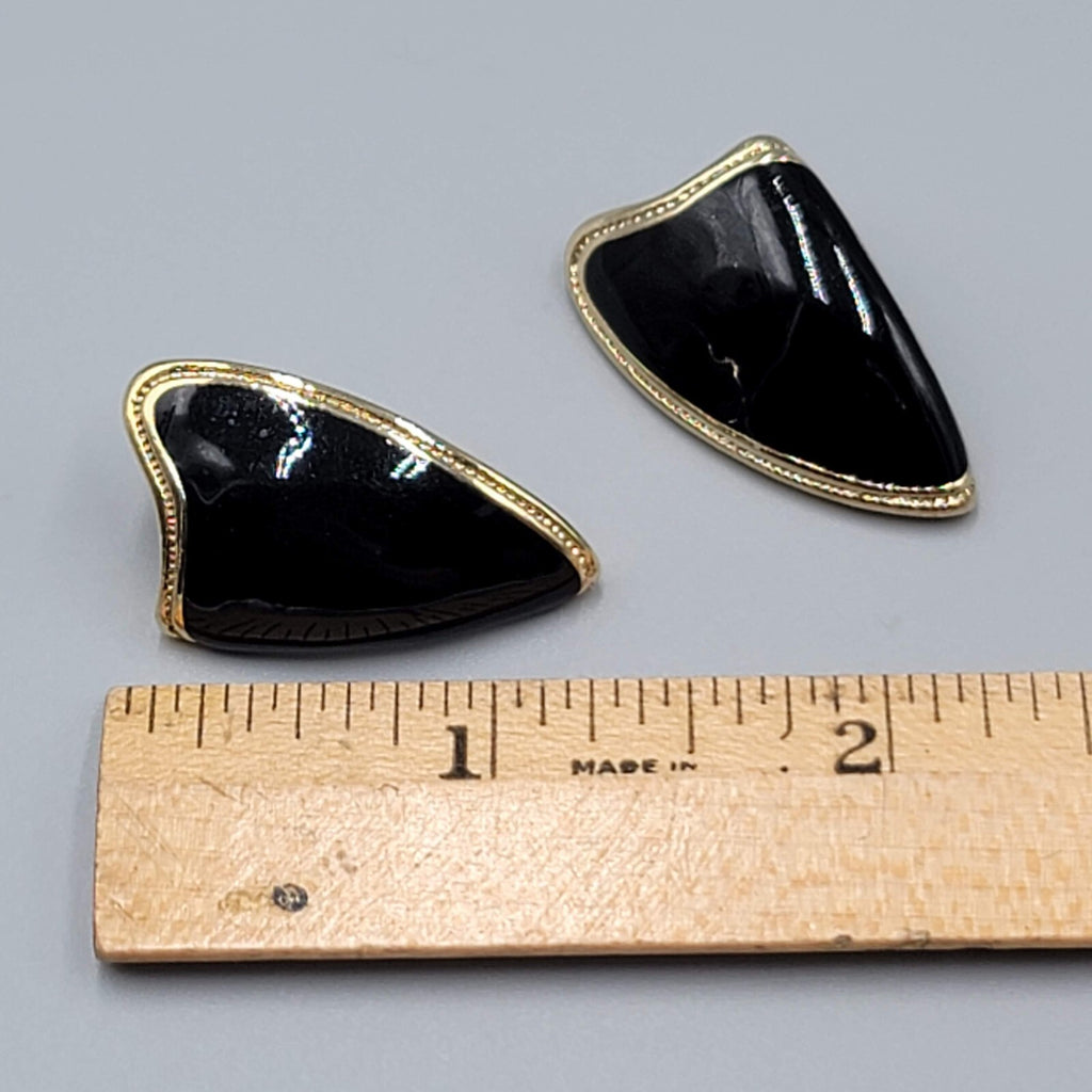 Vintage Pierced Earrings Gold tone Black Enamel Statement Drop 1.25"