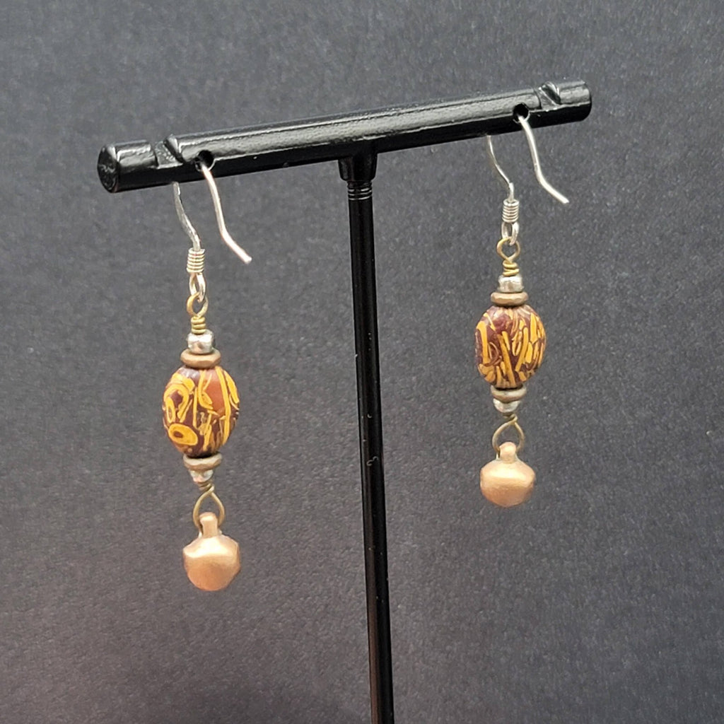 Pierced Earrings Brown Bead Copper Bell Dangle 1.25"