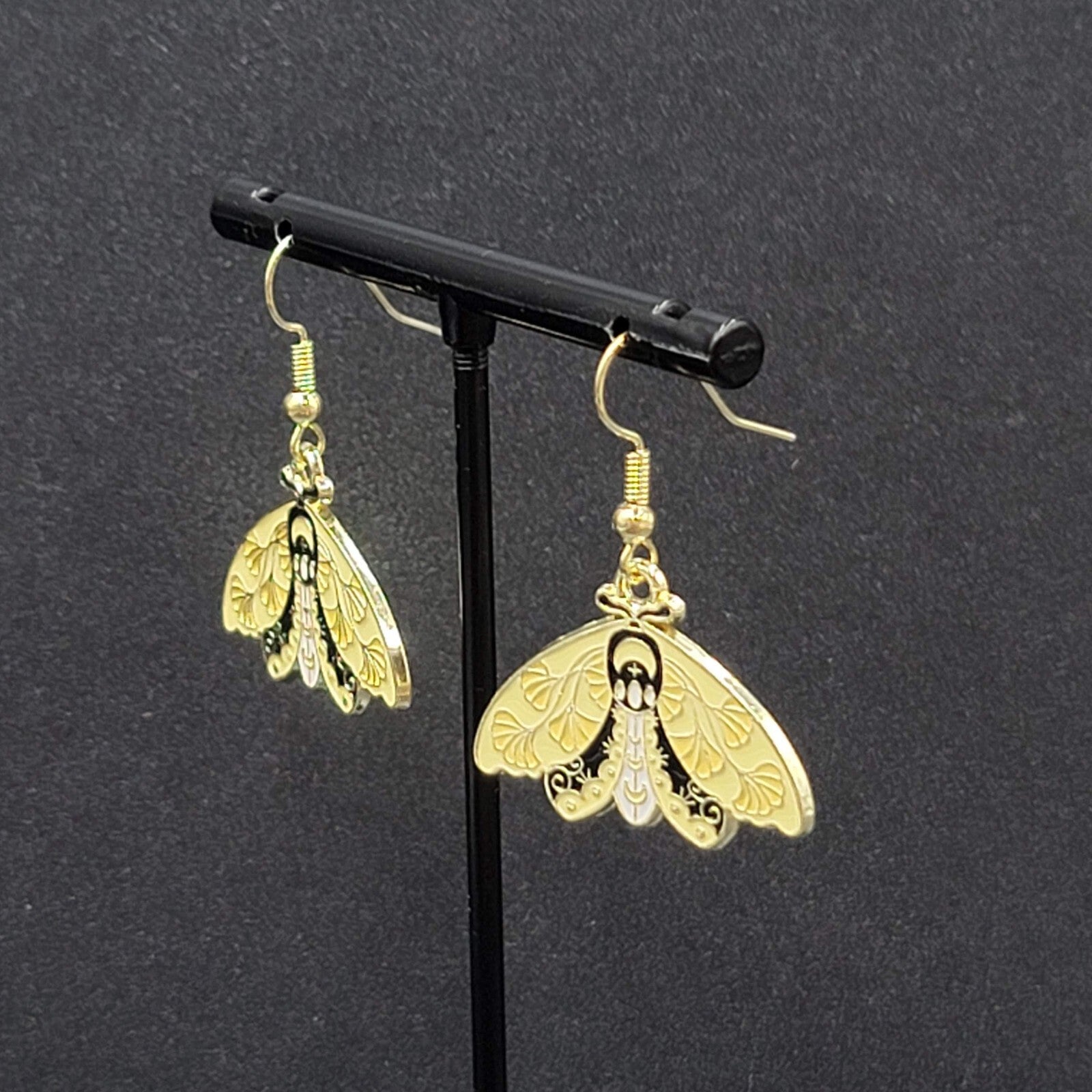Moth Pierced Earrings Gold tone Yellow Black Enamel Dangle 3/4"