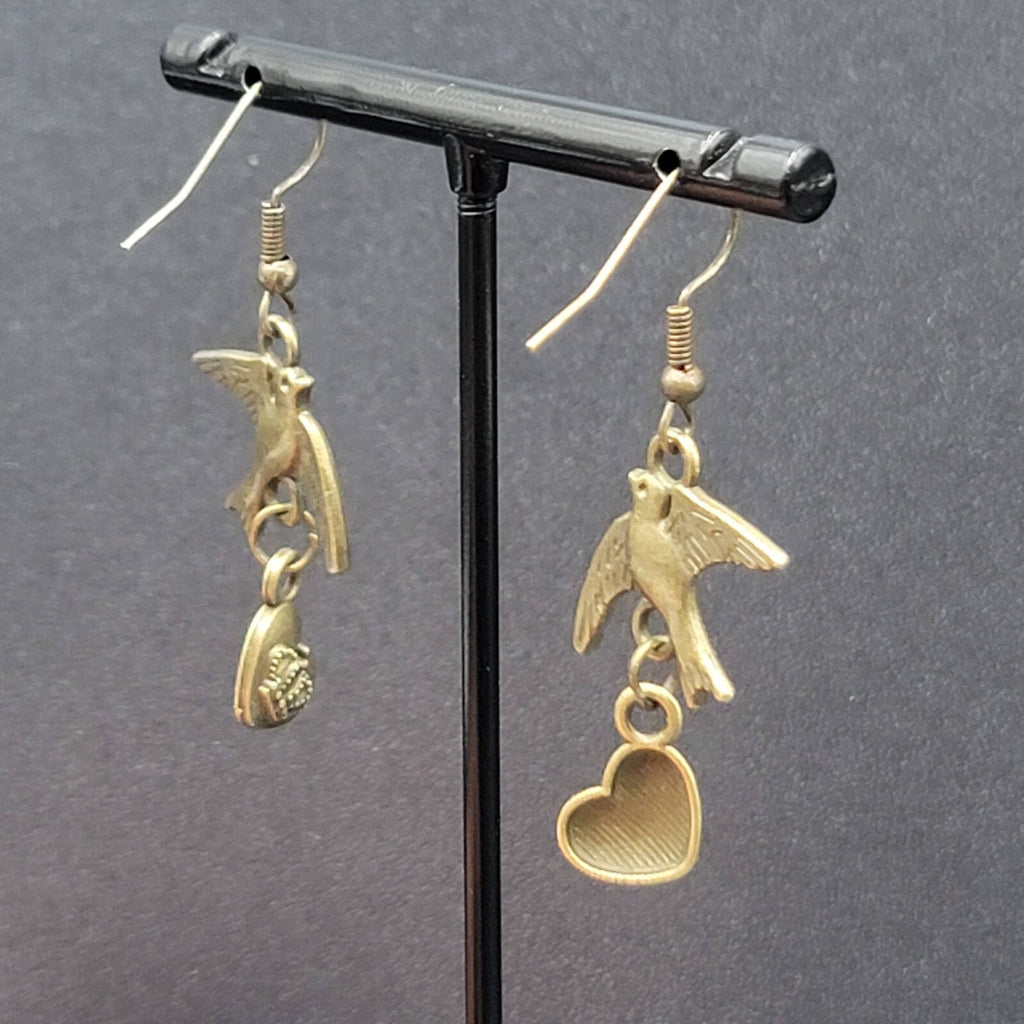 Birds Heart Pierced Earrings Bronze tone Dangle 1.25"