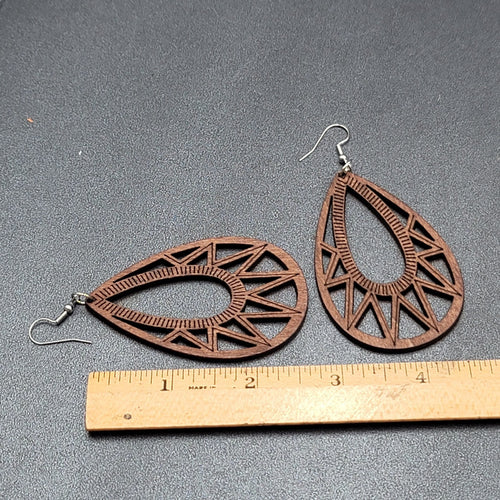 Boho Wood Pierced Earrings Laser Cut Open Teardrop 2.5"