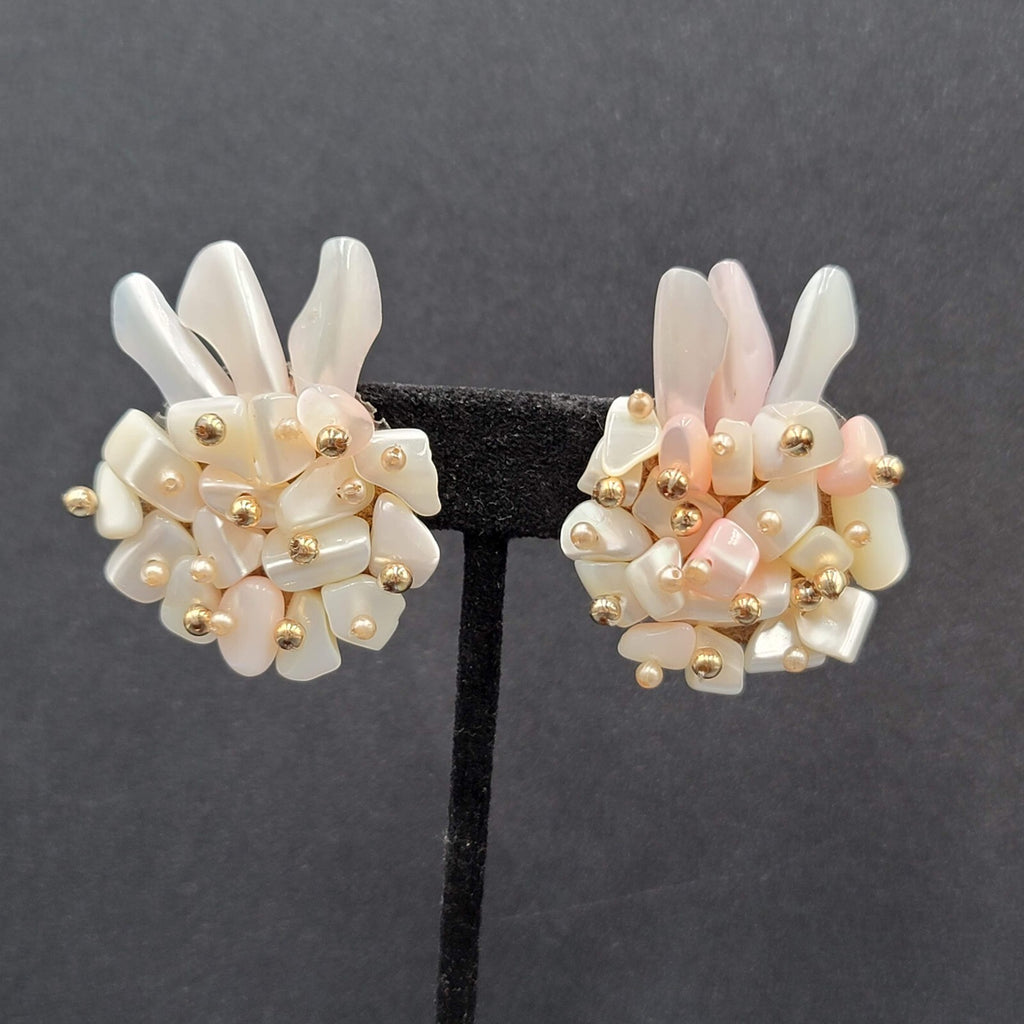 Vintage Clip on Earrings Large Statement Shell Climber Cluster Beads 1.75"