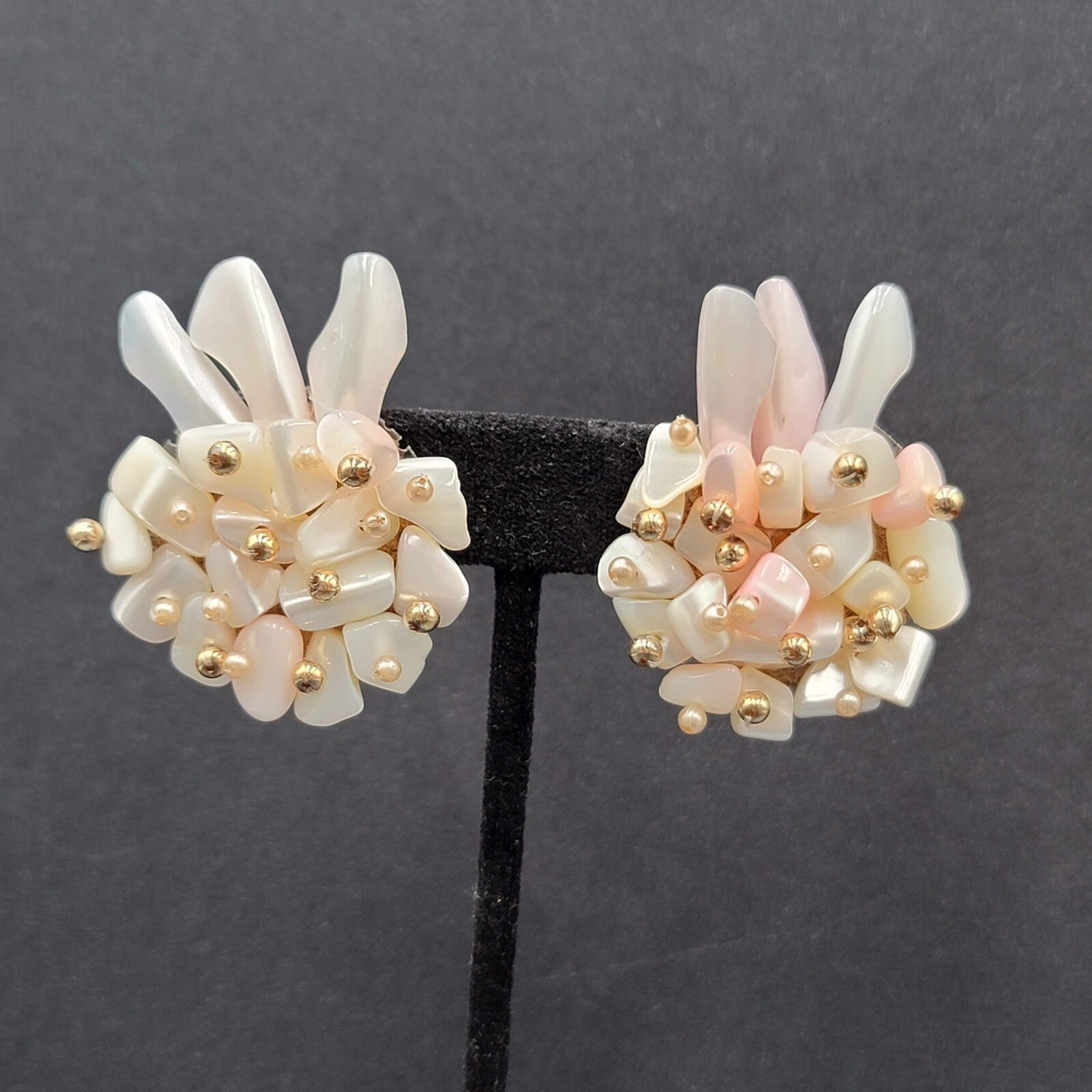 Vintage Clip on Earrings Large Statement Shell Climber Cluster Beads 1.75"