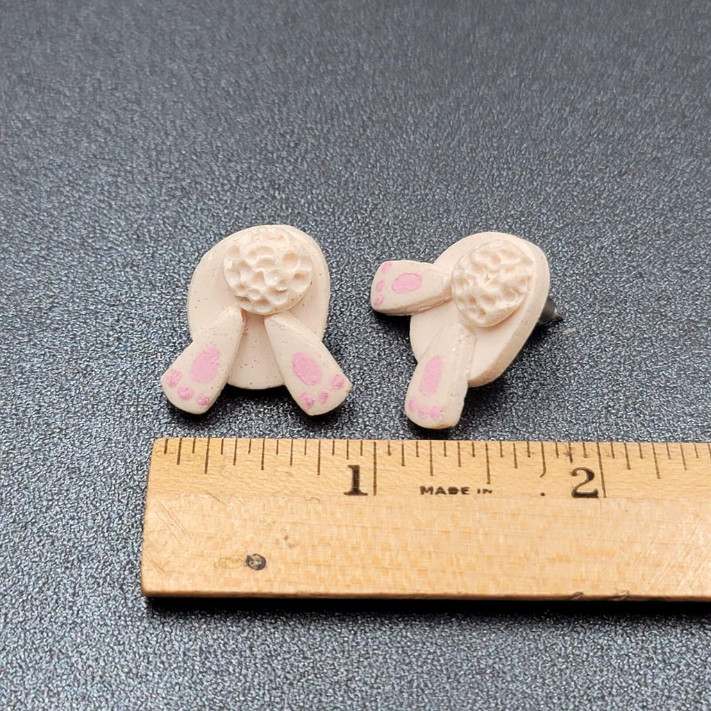 Vintage Pierced Earrings White Bunny Tail Feet Easter Novelty Earrings 1"