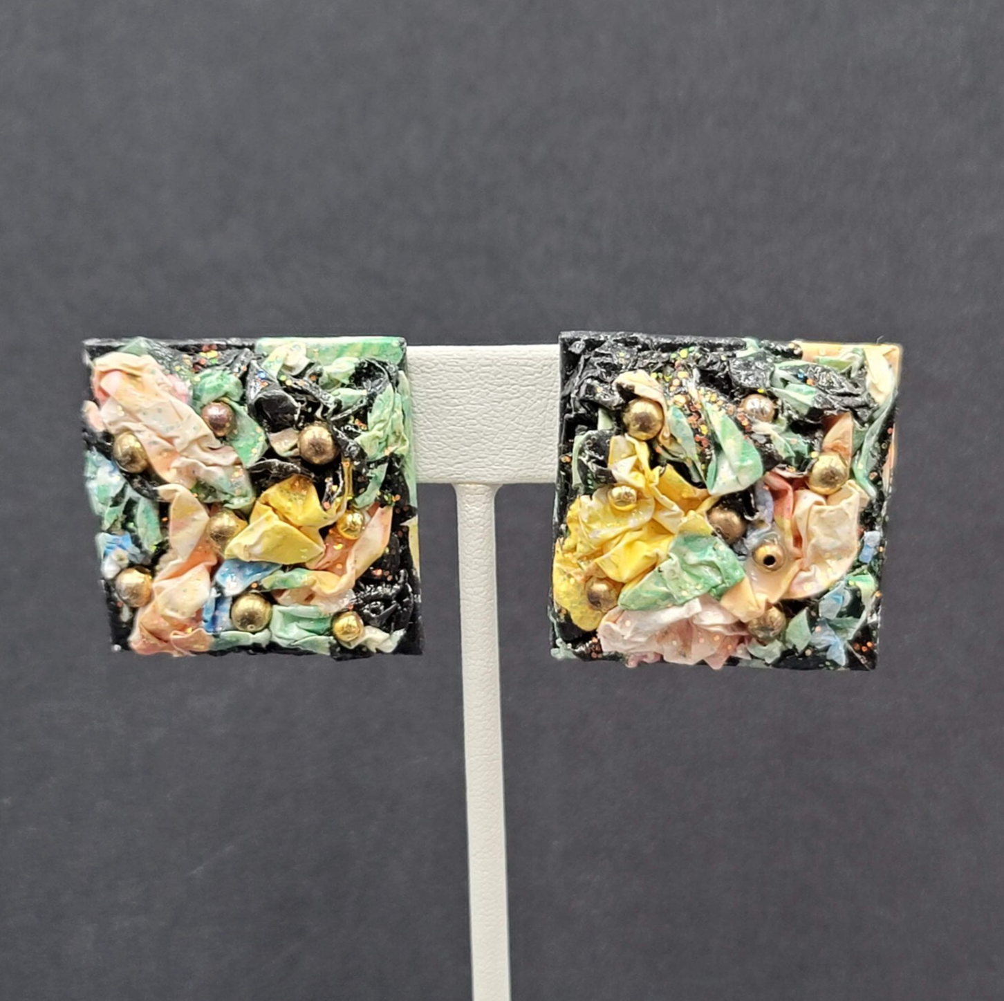 Vintage Clip on Earrings Handmade 1980s Multicolor Square Drop 1.25"