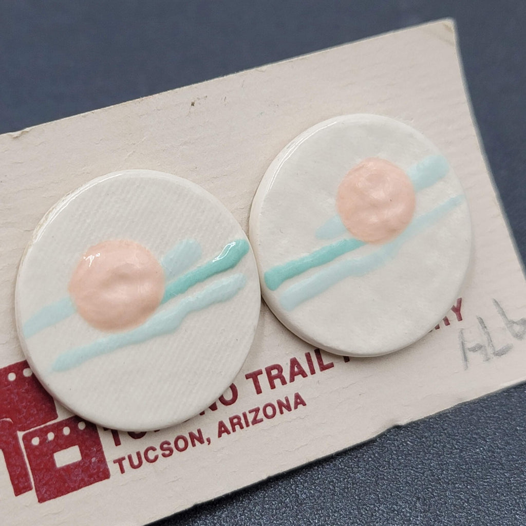 Vintage Tohono Trail Pottery Pierced Earrings White Peach Teal Discs 1.25"