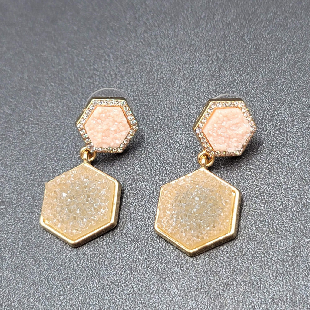Sugar Fix Pierced Earrings Acrylic Pink Druzy Hexagon Dangle Gold tone 1.5"