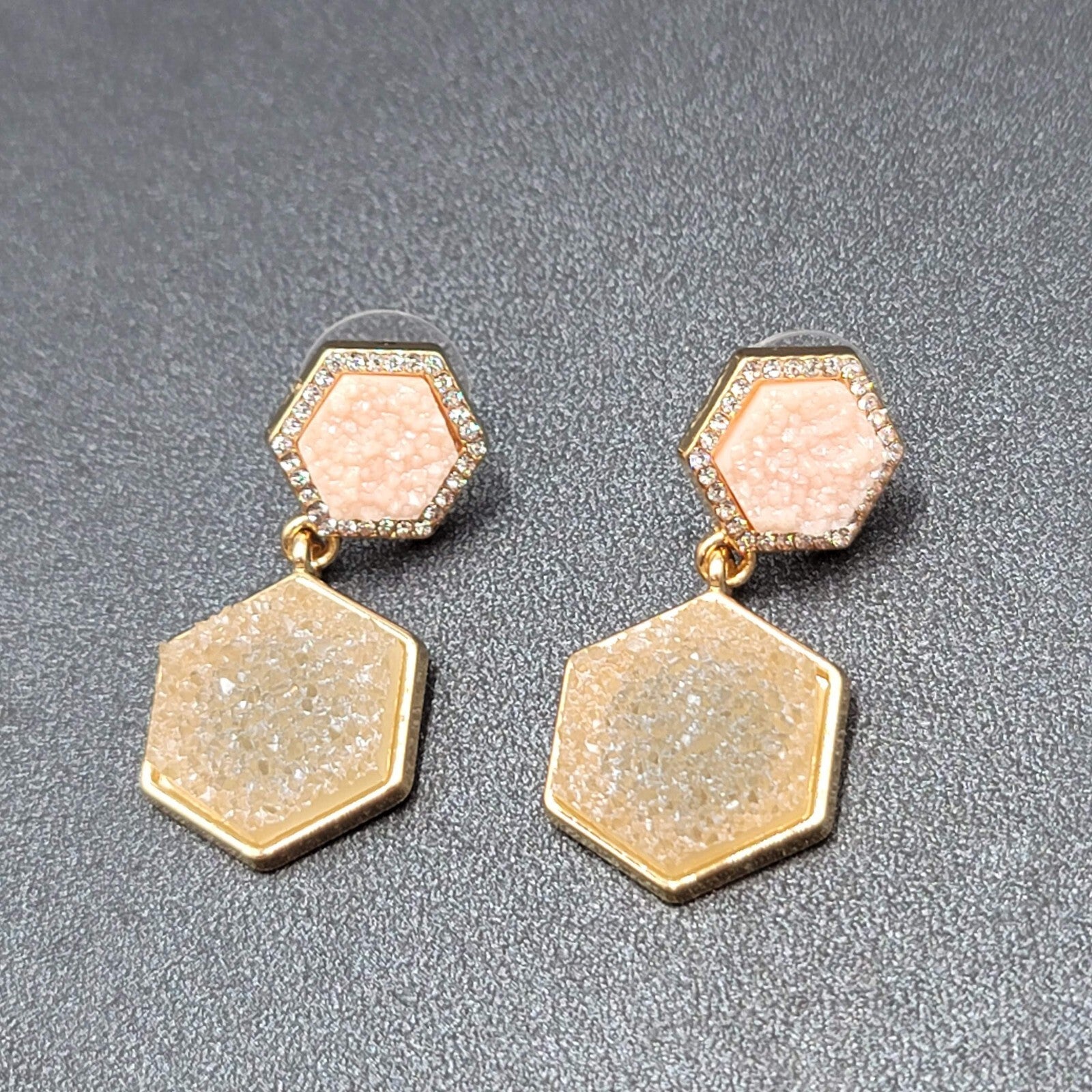 Sugar Fix Pierced Earrings Acrylic Pink Druzy Hexagon Dangle Gold tone 1.5"