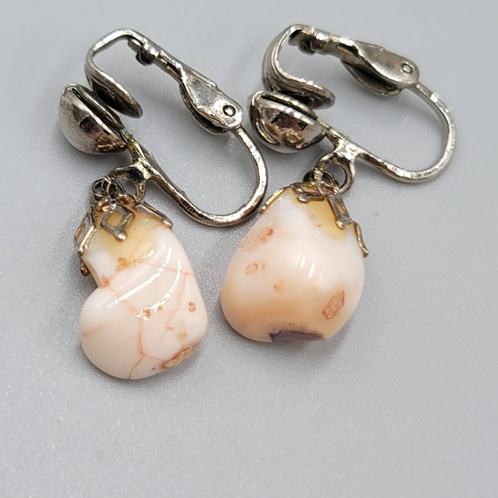 Vintage White Stone Nugget Dangle Clip on Earrings Silver tone 3/4"
