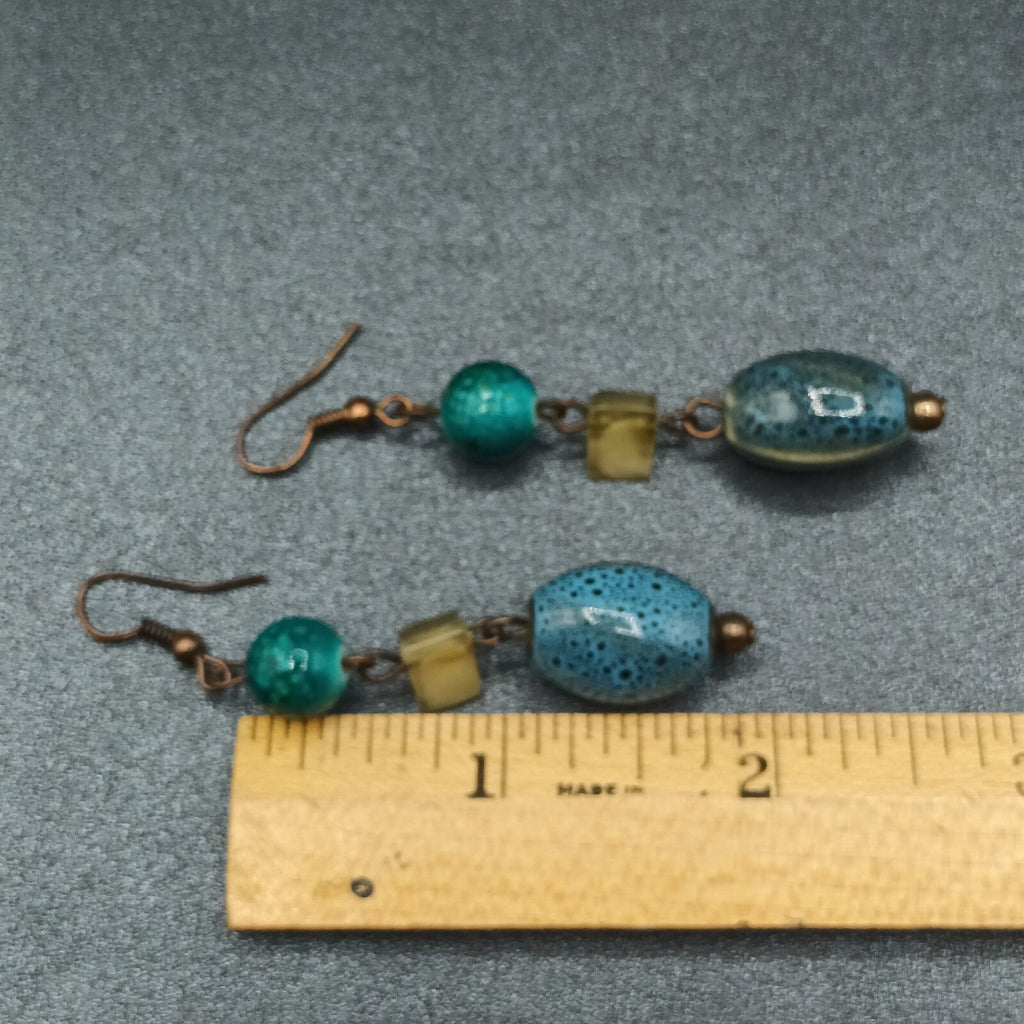 Pierced Earrings Blue Green Art Pottery Beaded Statement Dangle 2"