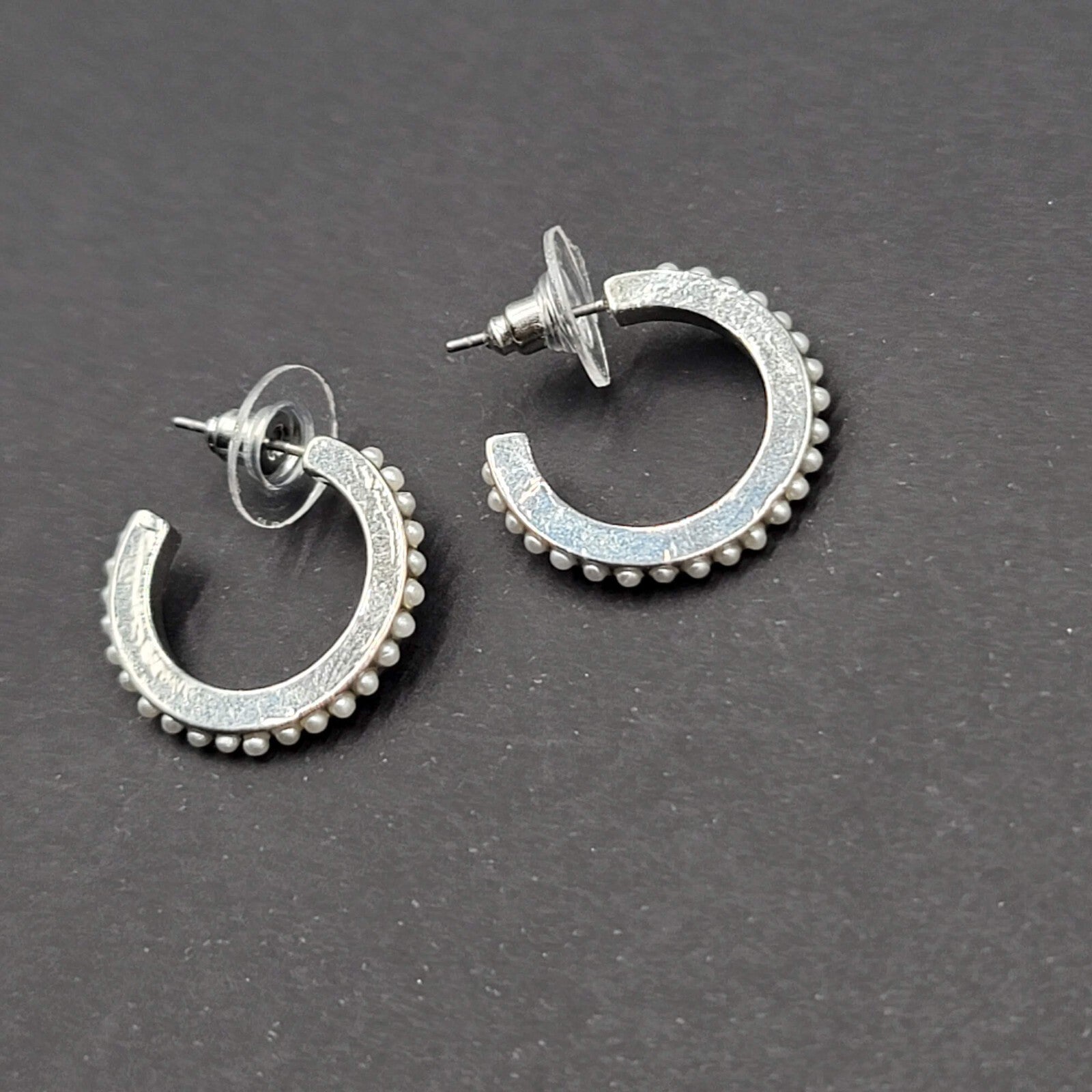Pierced Earrings Silver tone White Beaded Hoops 3/4"