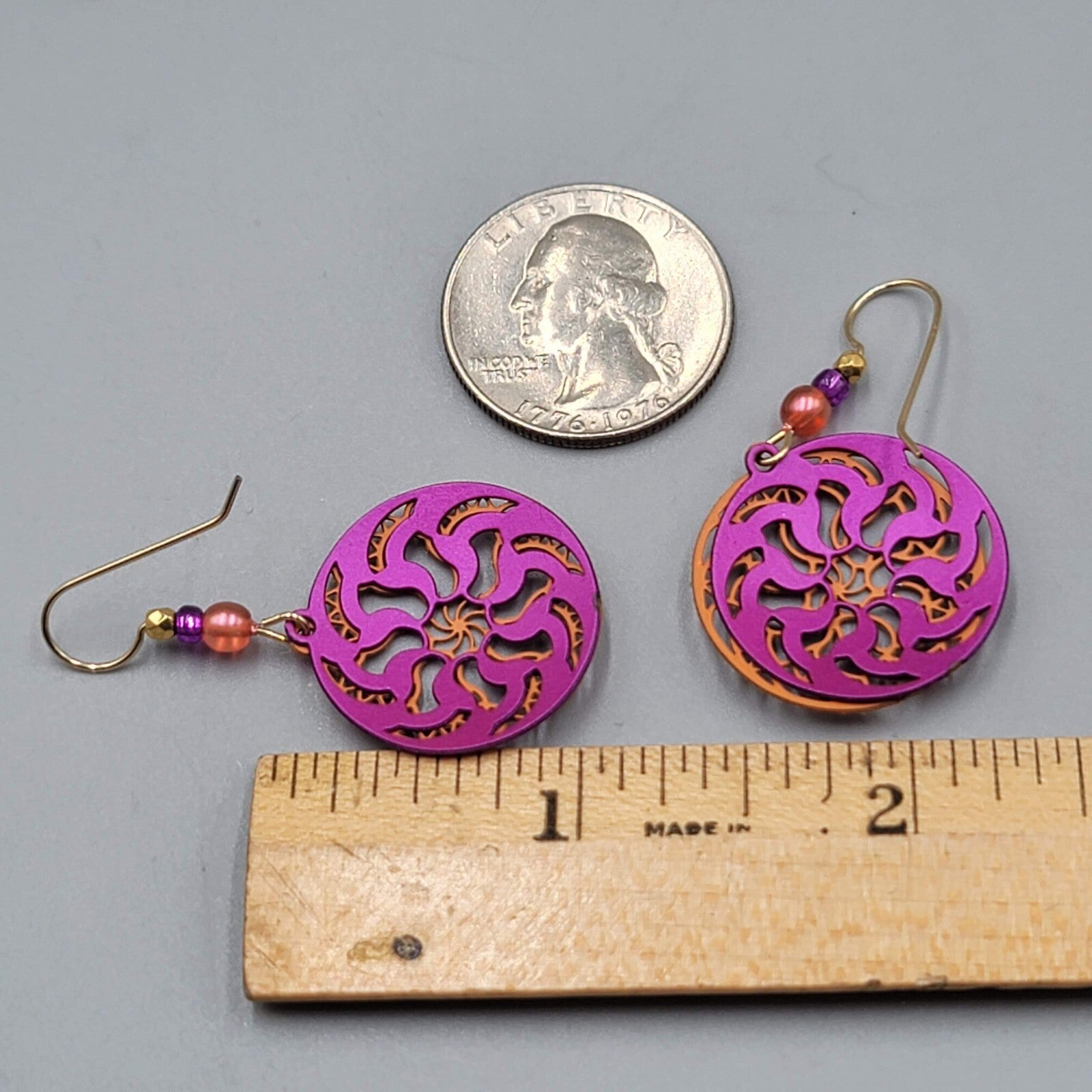Laser Cut Metal Pierced Earrings Orange Purple Dangle 1"