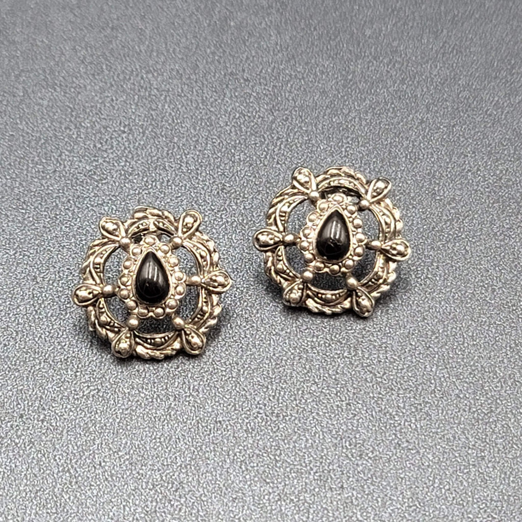 Vintage Pierced Earrings Silver tone Black Teardrop Stone Embossed Drop 1.75"