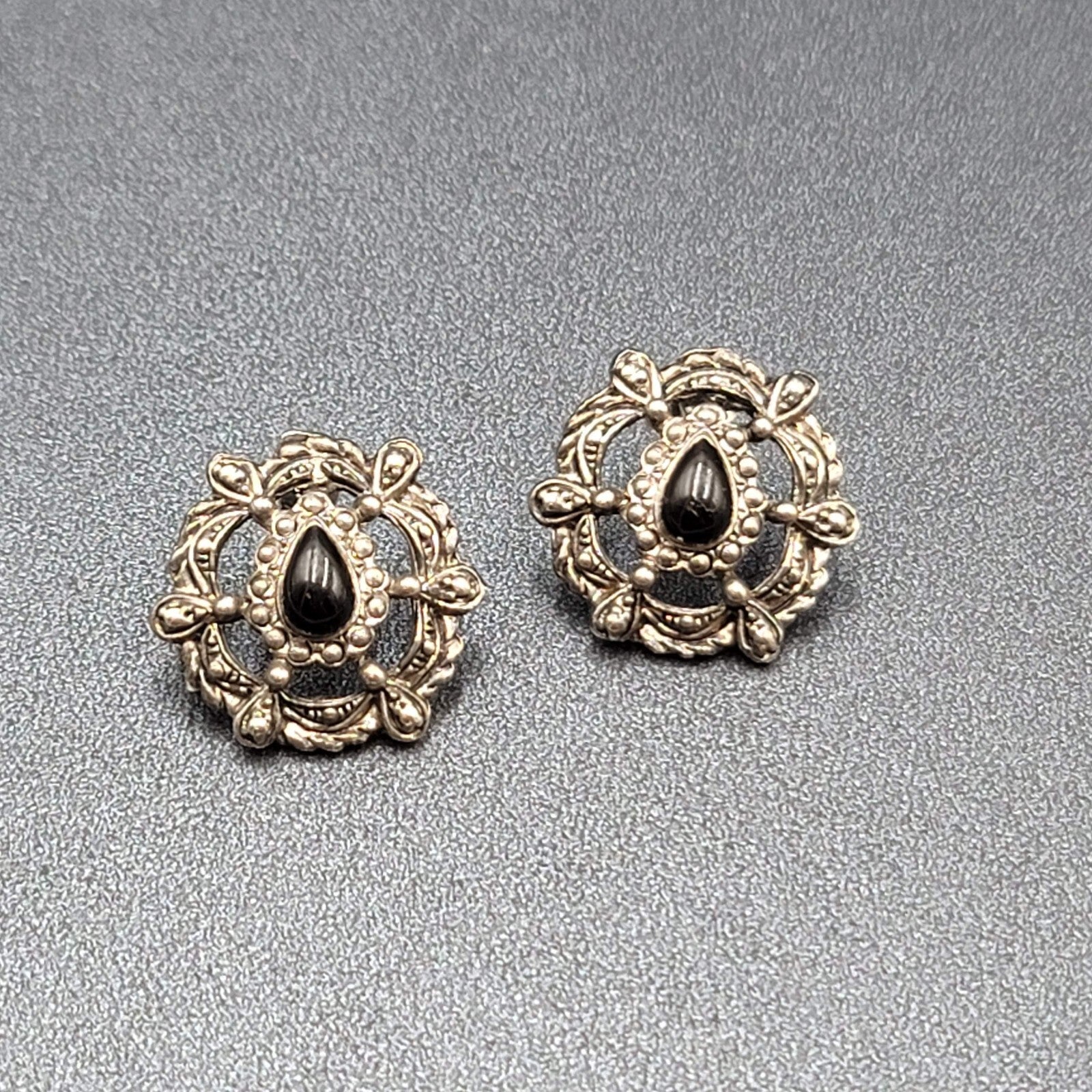 Vintage Pierced Earrings Silver tone Black Teardrop Stone Embossed Drop 1.75"