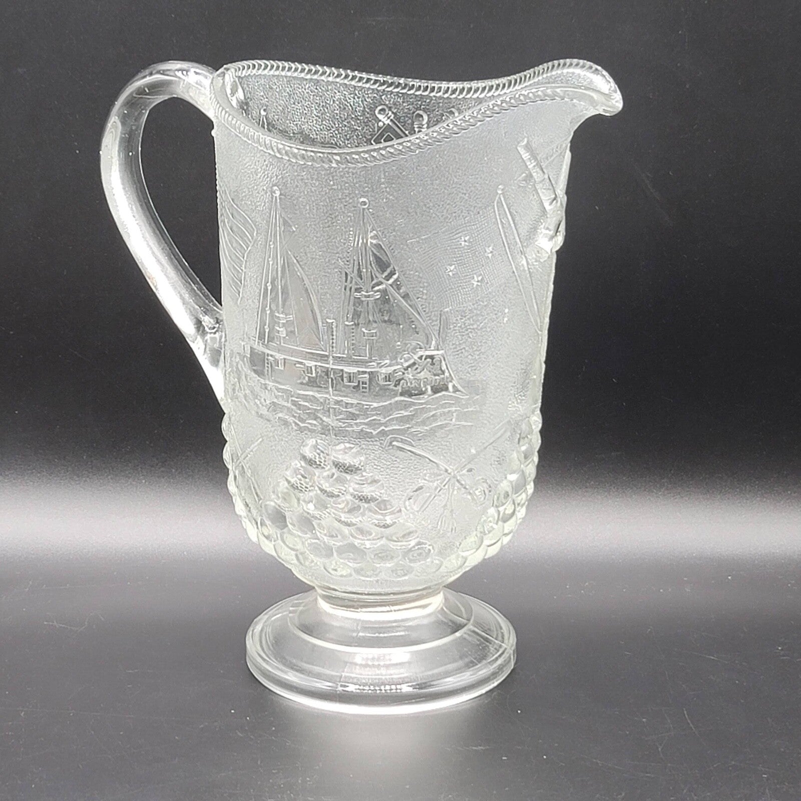 Vintage ANCHOR HOCKING PITCHER ADMIRAL DEWEY Olympia Eagle Canon Flags Guns
