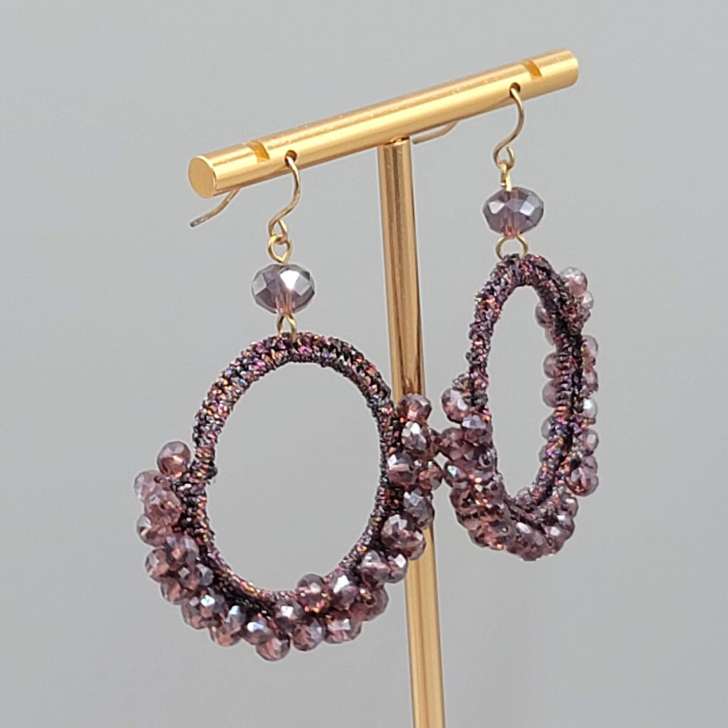 Purple Crystal Bead Pierced Earrings Thread Covered Open Hoop 1.75"