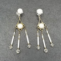 Pierced Earrings Silver tone Open Work Whited Faceted Crystal Dangle 2 1/2"