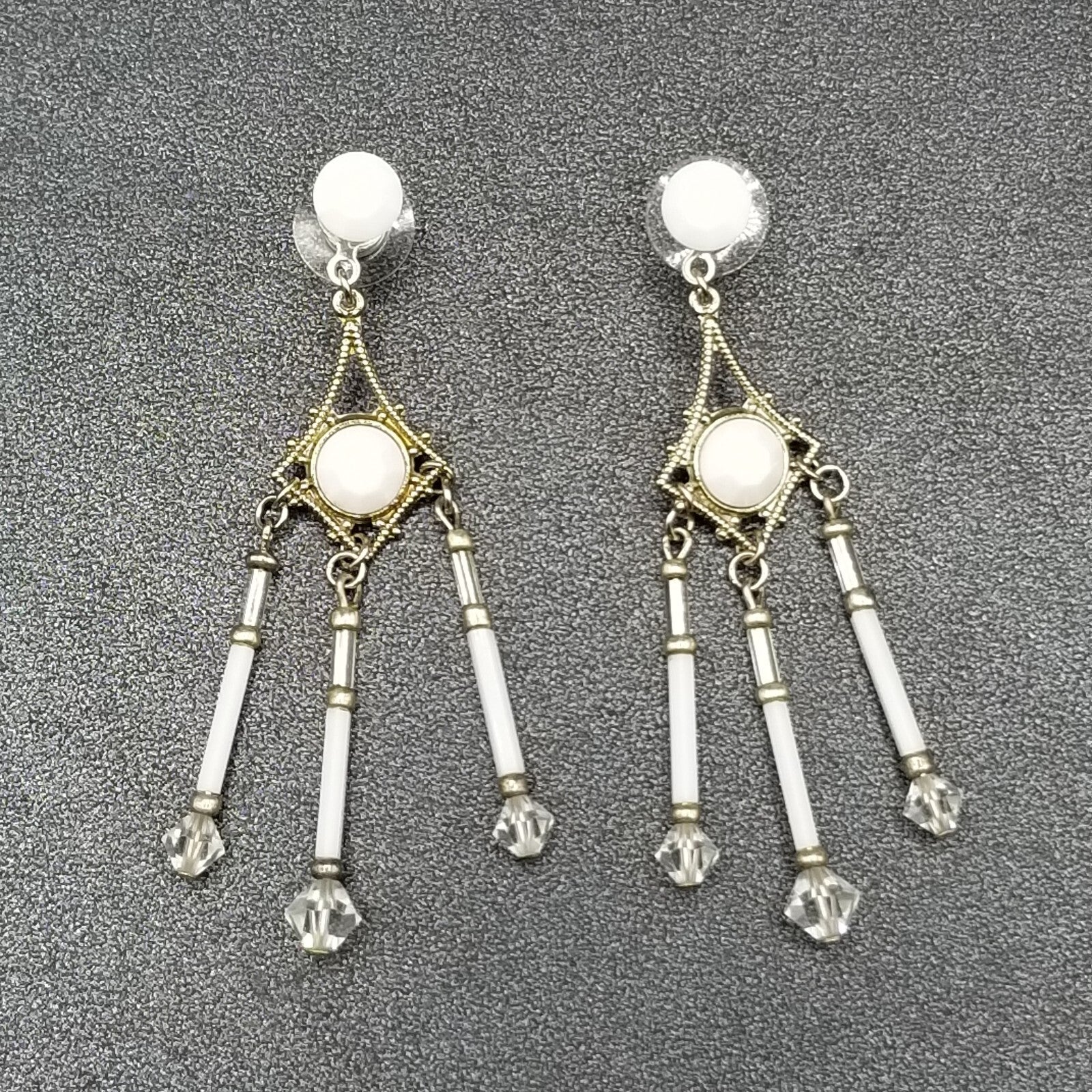 Pierced Earrings Silver tone Open Work Whited Faceted Crystal Dangle 2 1/2"