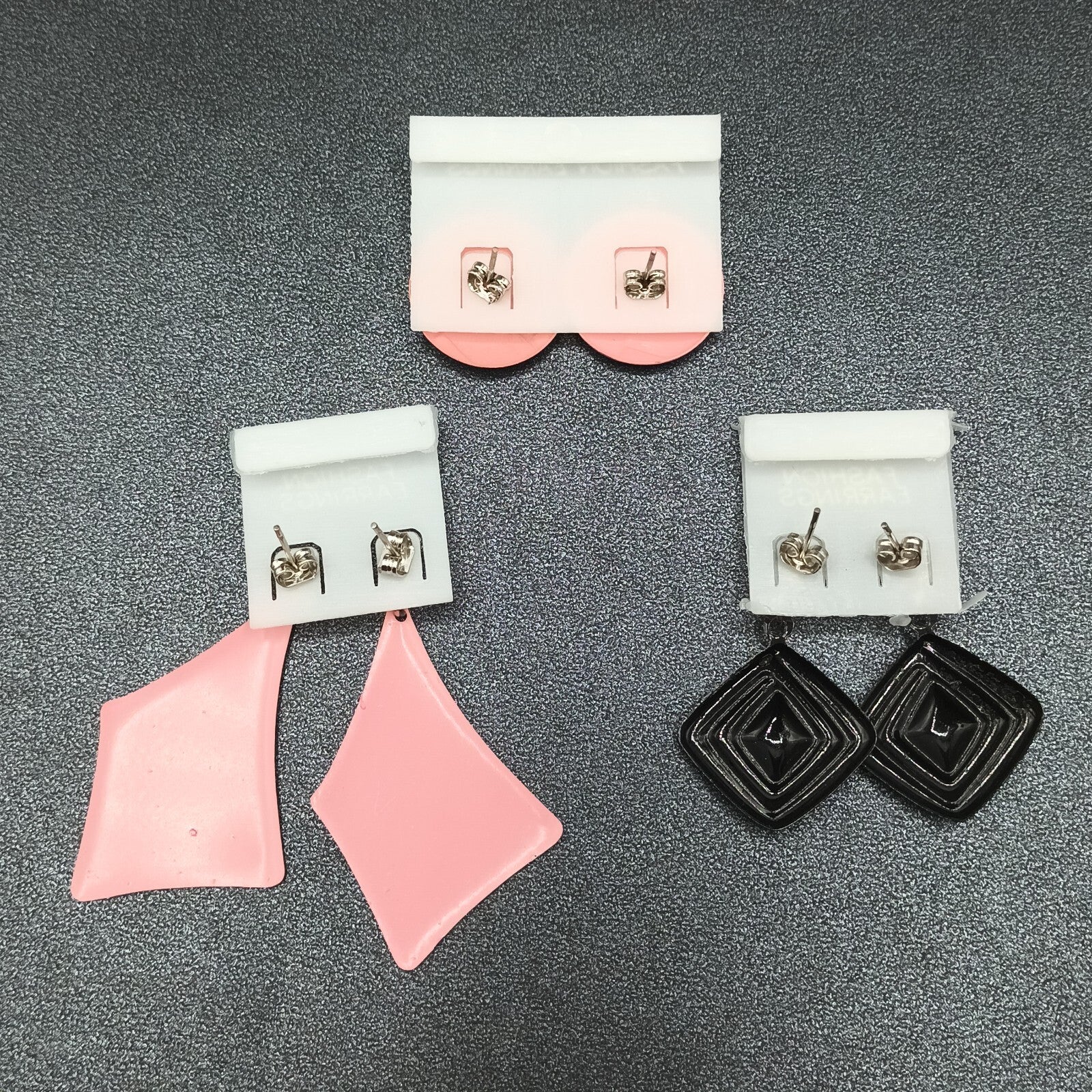3 Pairs Vintage Pierced Earrings Pink Black Enamel Statement Dangle 80s NOS