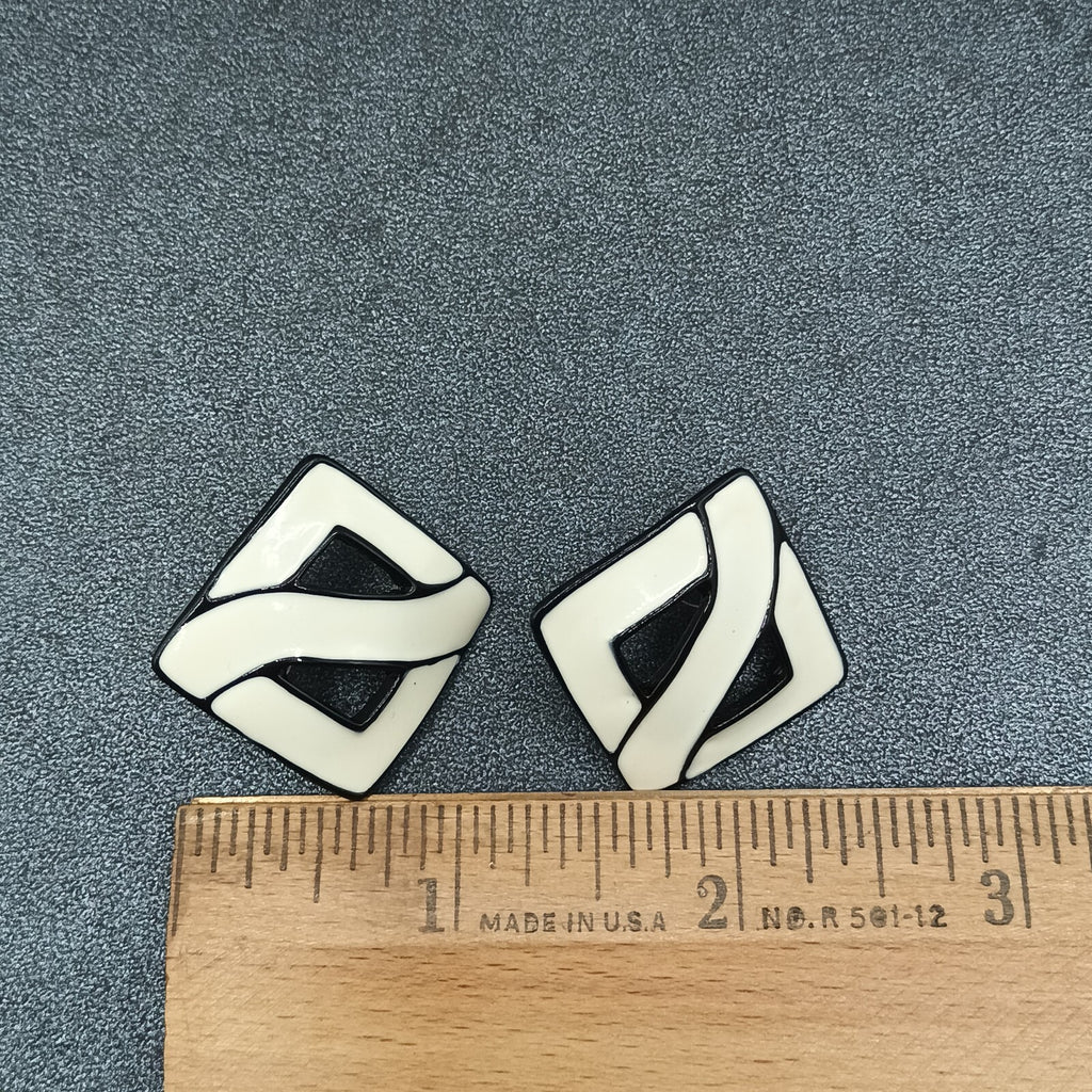 Vintage Pierced Earrings White Black Enamel Open Square Drop 1 3/8"