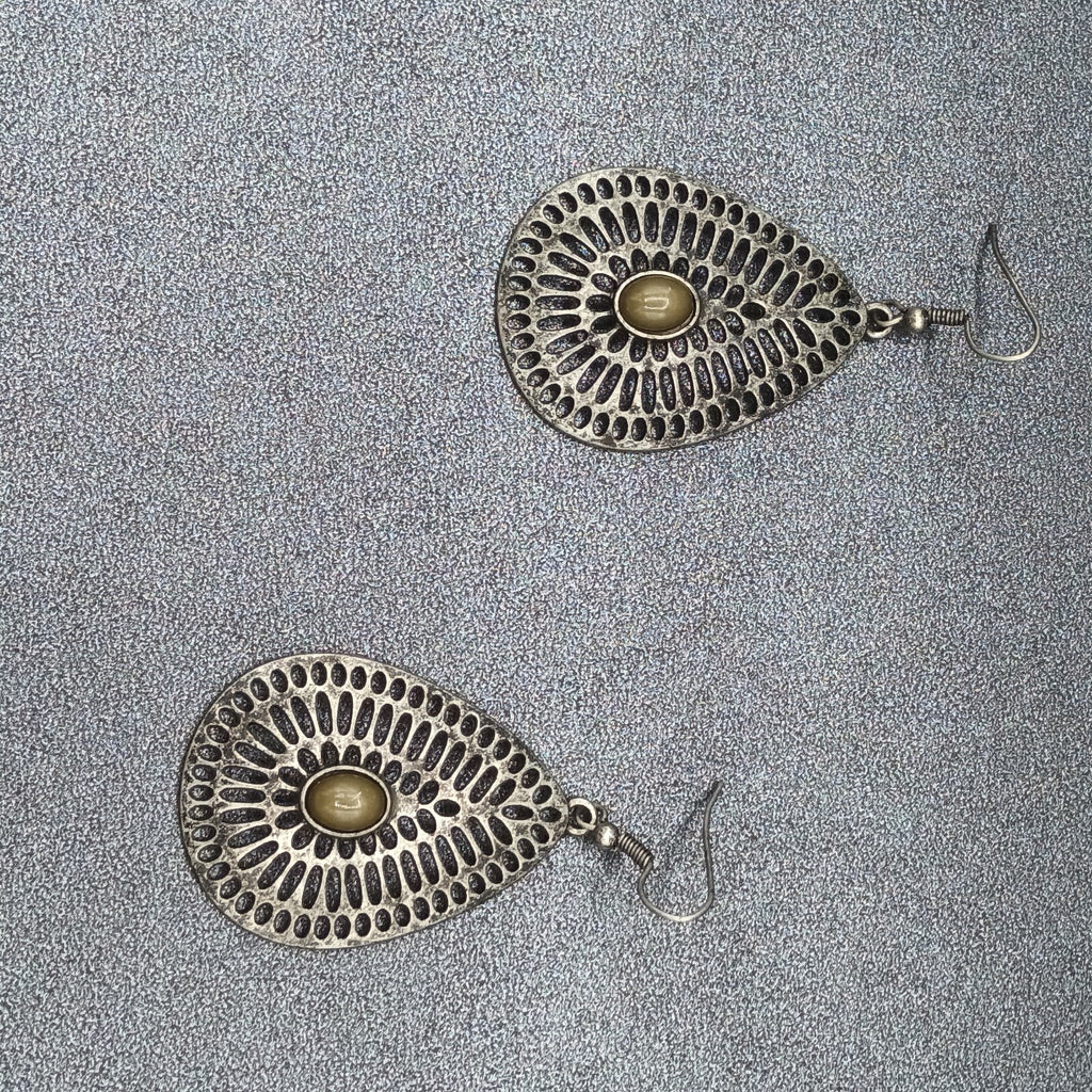 Pierced Earrings Antiqued Silver tone Teardrop Dangle 1 5/8"