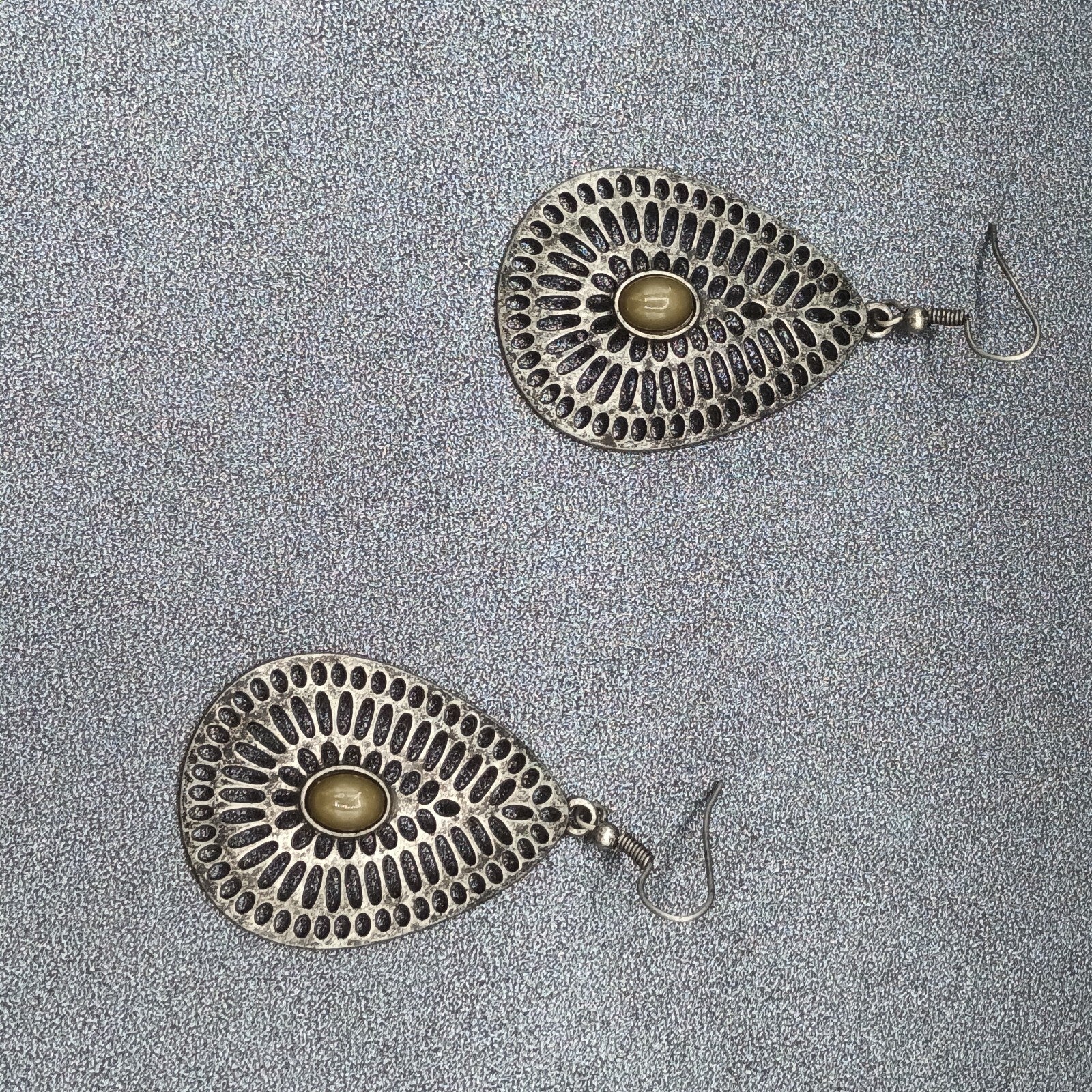 Pierced Earrings Antiqued Silver tone Teardrop Dangle 1 5/8"