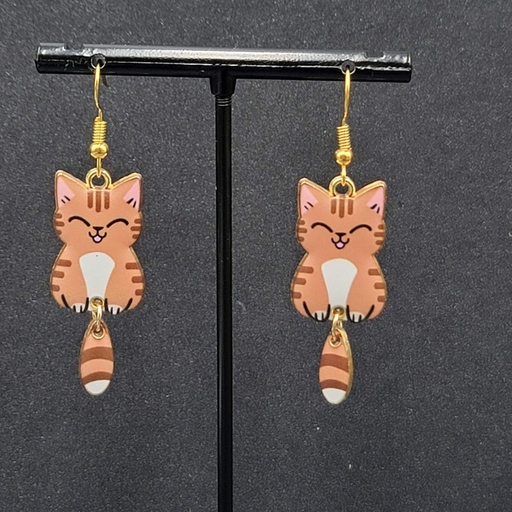 Tabby Kitty Cat Pierced Earrings Gold tone Dangle Tail 1.5"