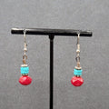 Pierced Earrings Silver tone Red Stone Turquoise Stone Beads Dangle  7/8"